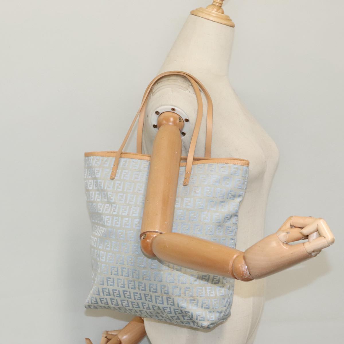 FENDI Zucchino Canvas Tote Bag Light Blue Brown Silver Auth 90434