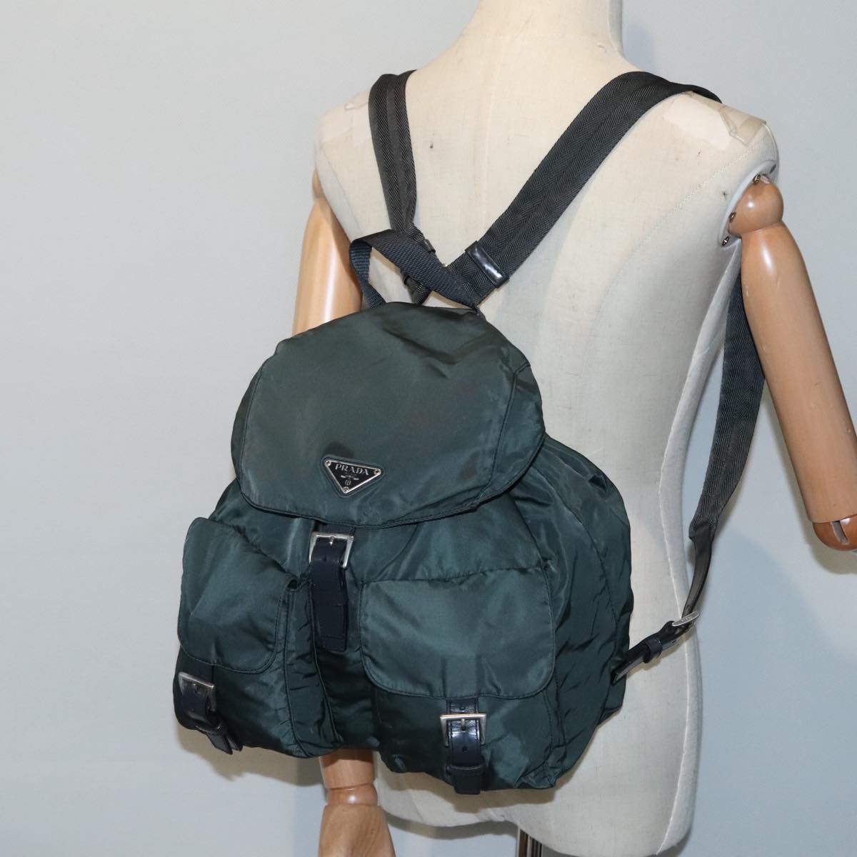 PRADA Backpack Nylon Khaki Silver Auth 90473