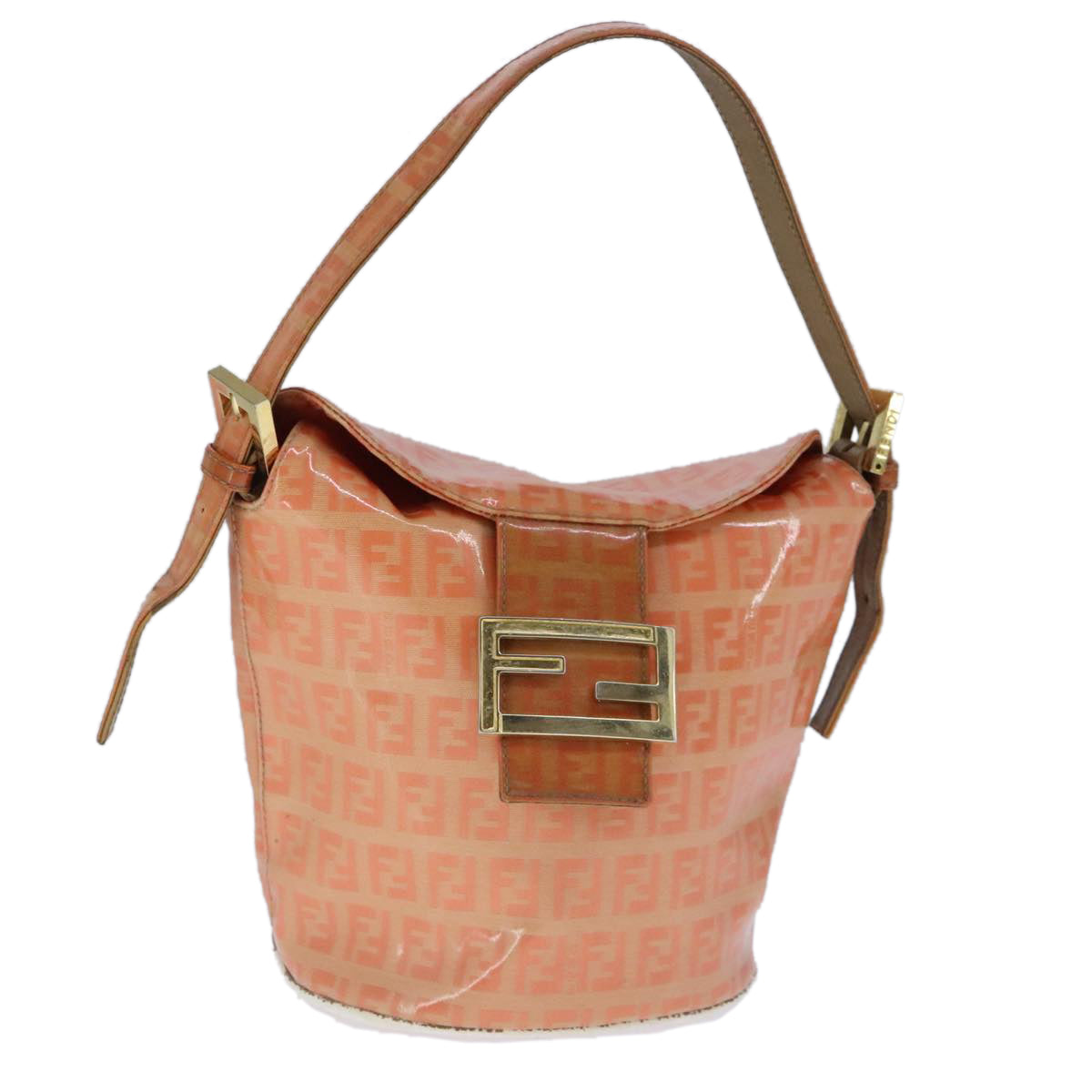 FENDI Zucchino Canvas Mamma Baguette Shoulder Bag Enamel Gold Orange Auth 90483