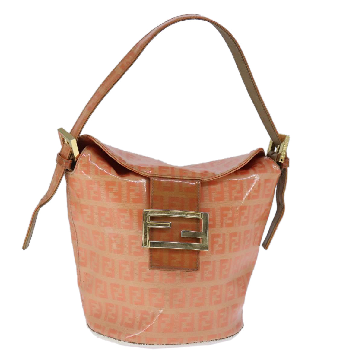 FENDI Zucchino Canvas Mamma Baguette Shoulder Bag Enamel Gold Orange Auth 90483