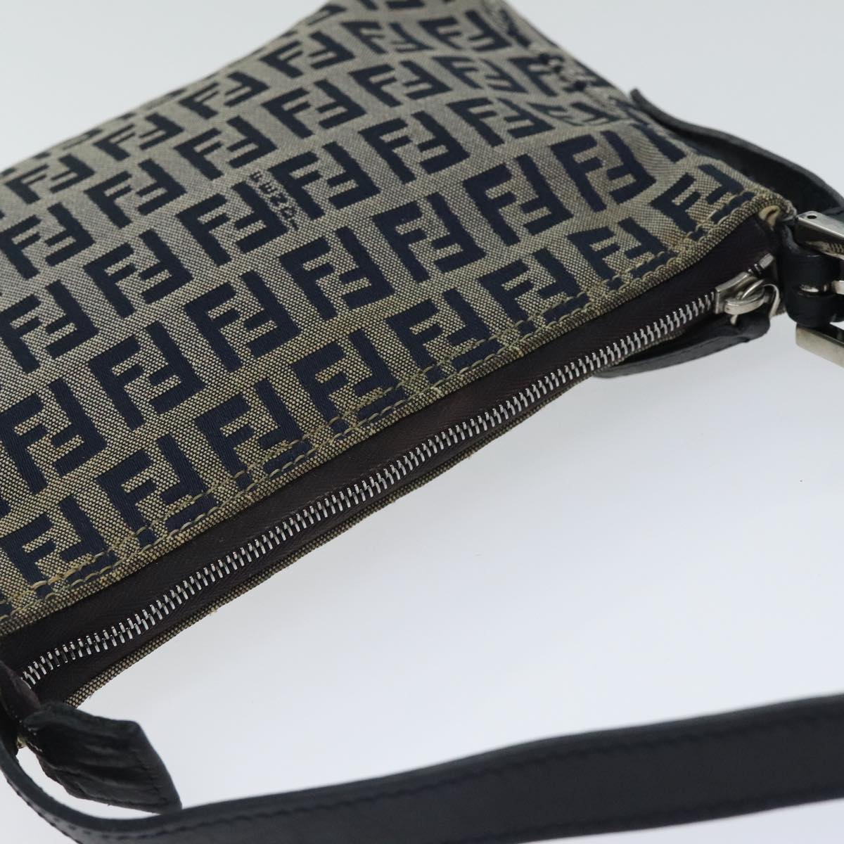 FENDI Zucchino Canvas Accessory Pouch Navy Silver Auth 90484