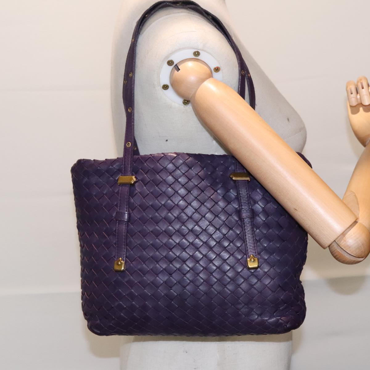 BOTTEGA VENETA INTRECCIATO Hand Bag Leather Purple Gold Auth 90487