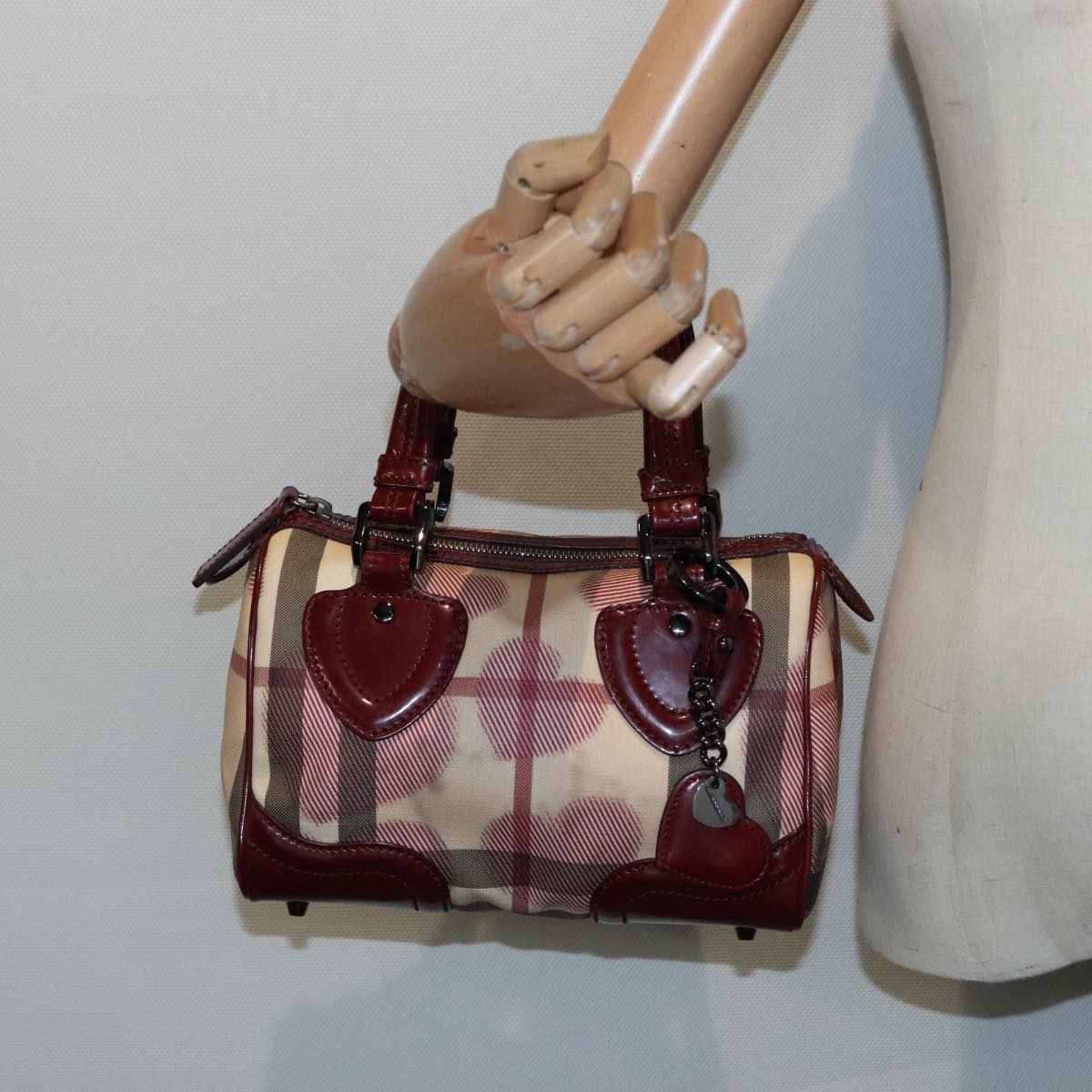 BURBERRY Nova Check Hand Bag Coated Canvas Beige Red Auth 90566