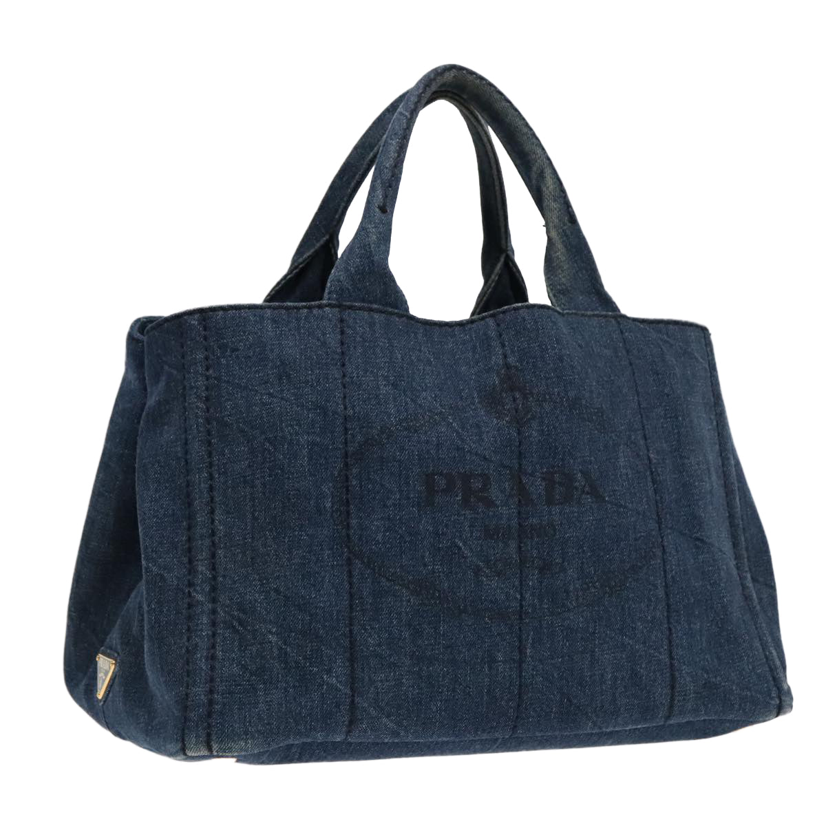 PRADA Canapa MM Hand Bag Denim Blue Gold Auth 90567