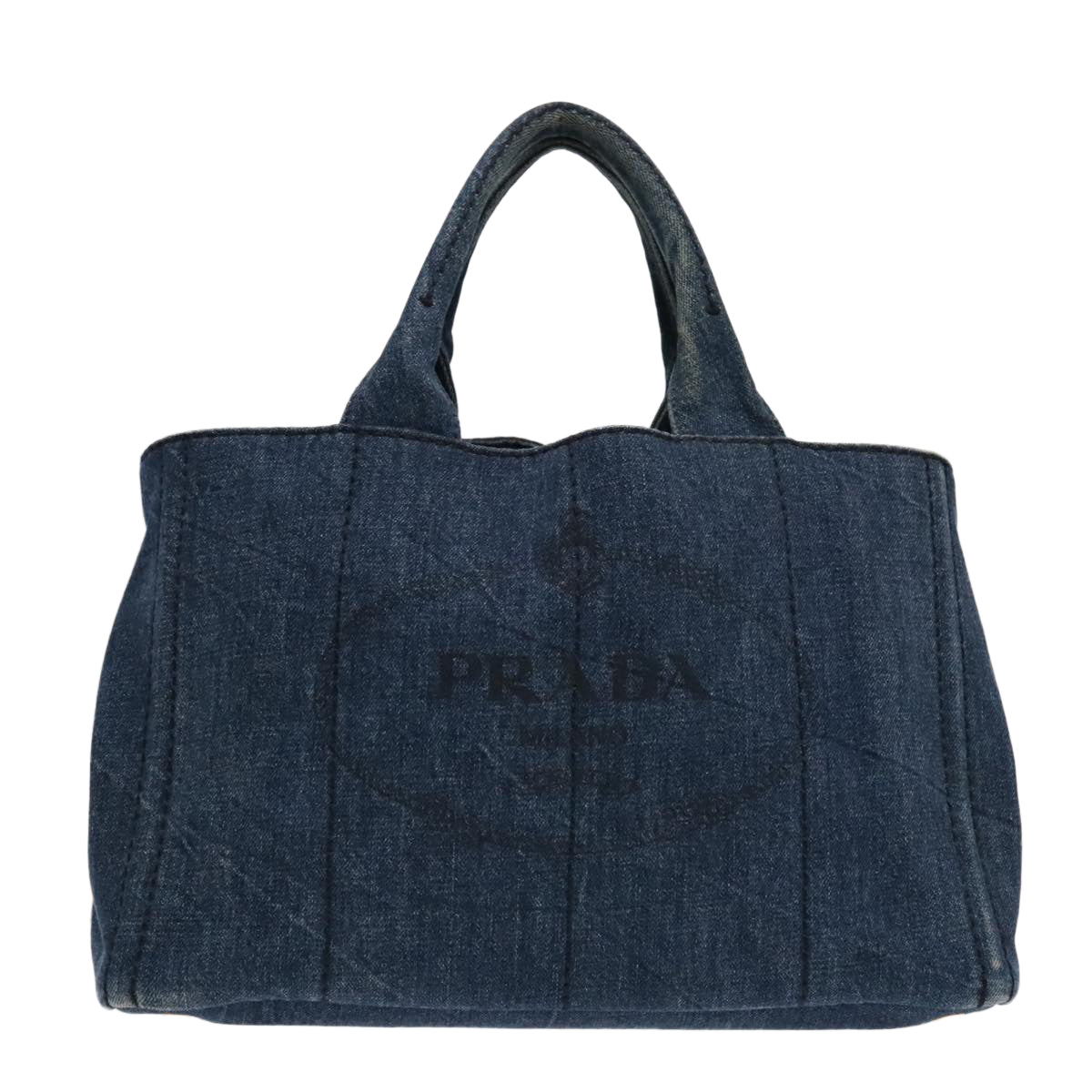 PRADA Canapa MM Hand Bag Denim Blue Gold Auth 90567