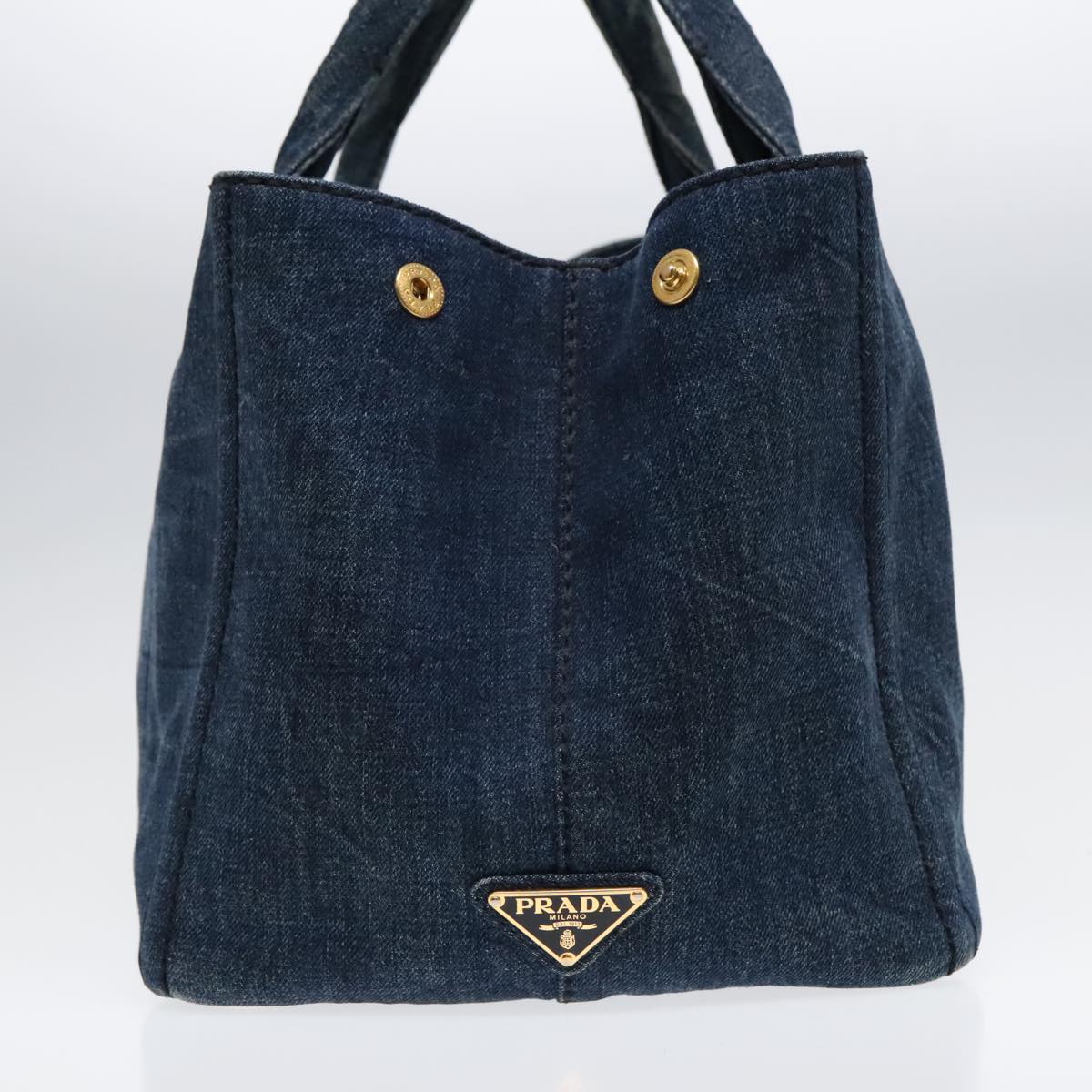 PRADA Canapa MM Hand Bag Denim Blue Gold Auth 90567