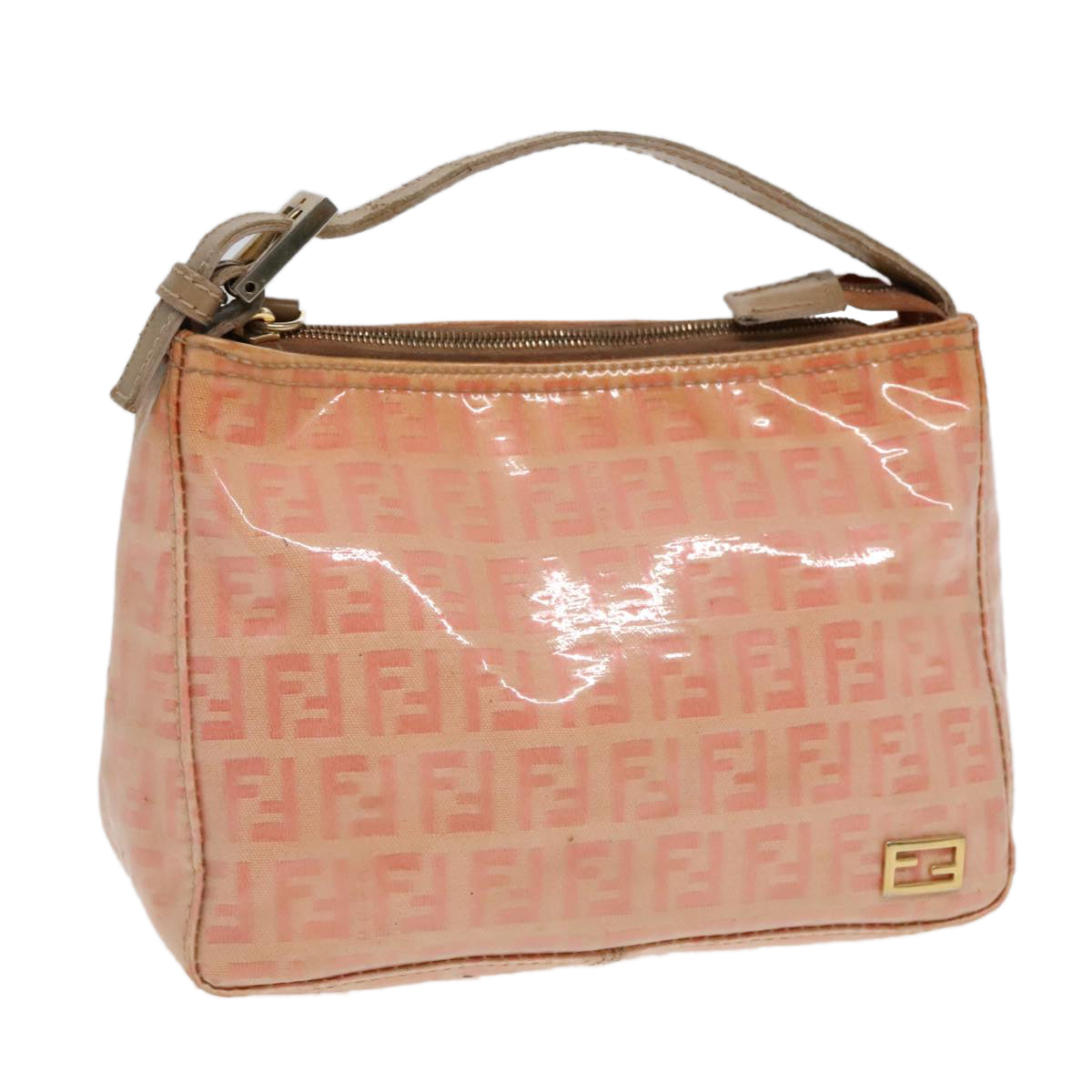 FENDI Zucchino Canvas Hand Bag Enamel Orange Gold Auth 90583