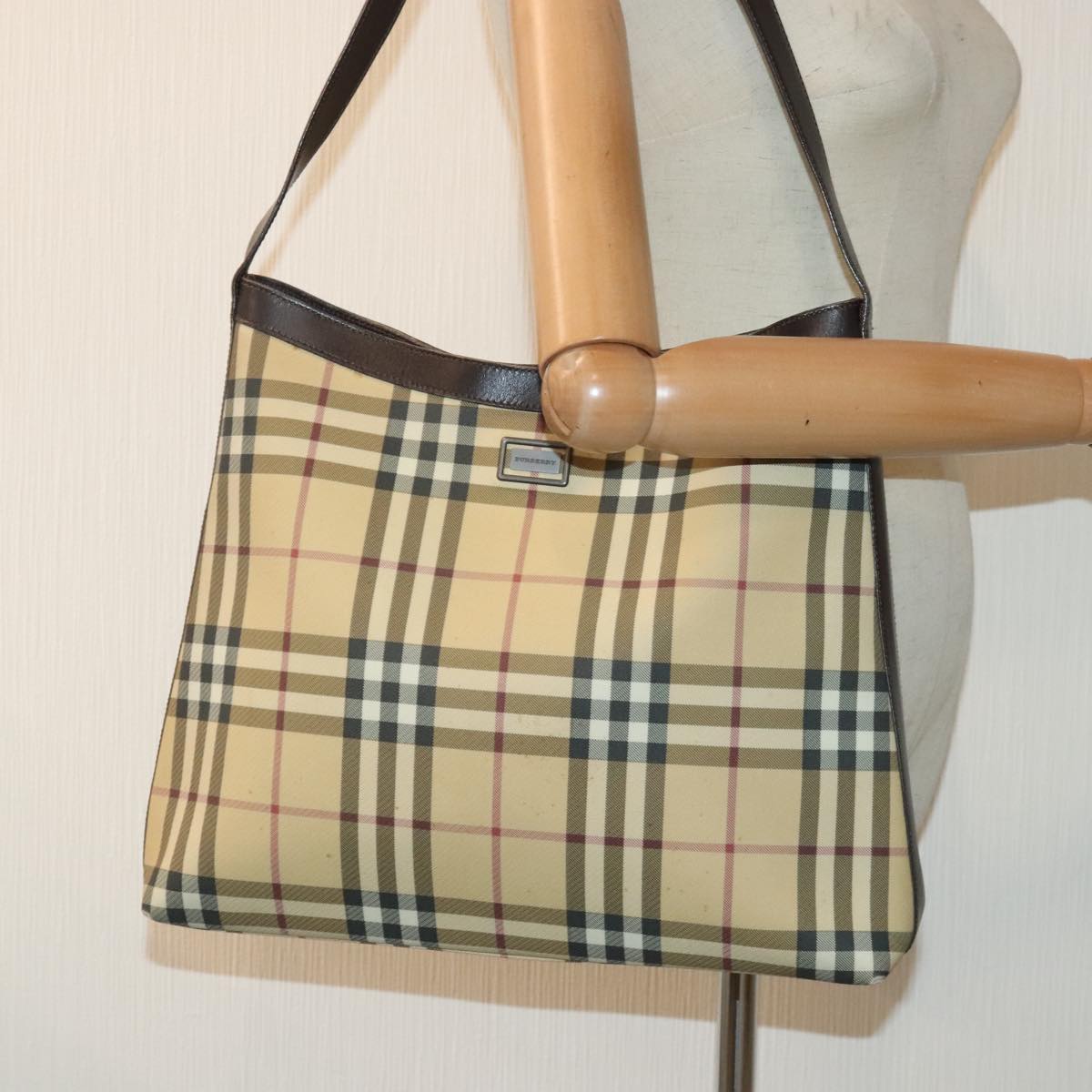 BURBERRY Nova Check Shoulder Bag Coated Canvas Beige Auth 90586