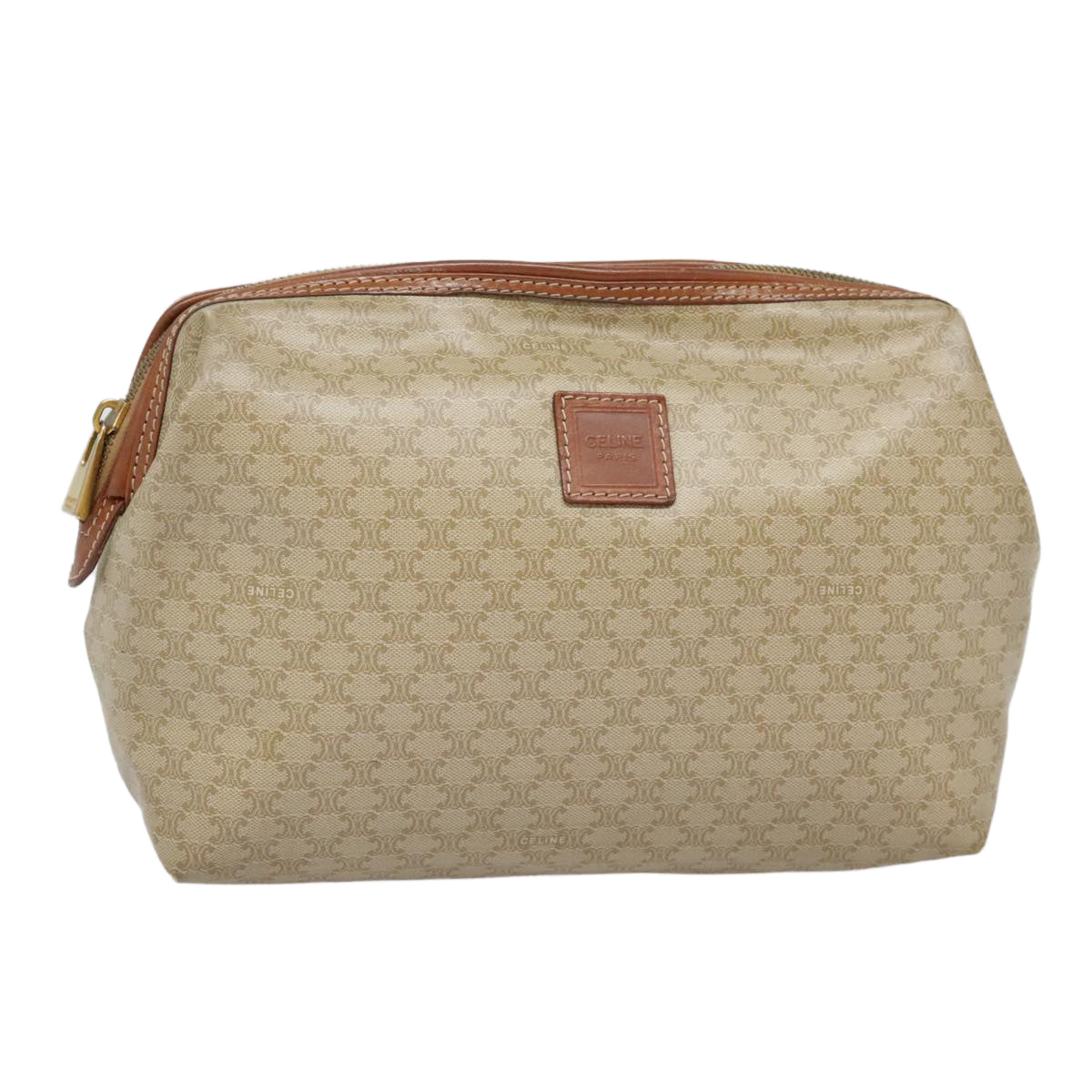 CELINE Macadam Canvas Pouch Beige Gold Auth 90594