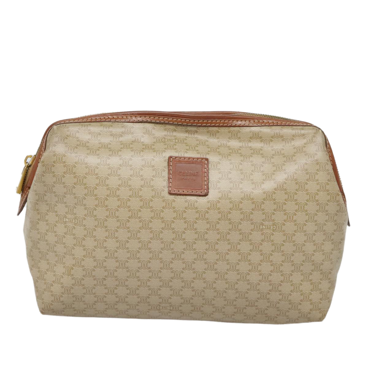 CELINE Macadam Canvas Pouch Beige Gold Auth 90594