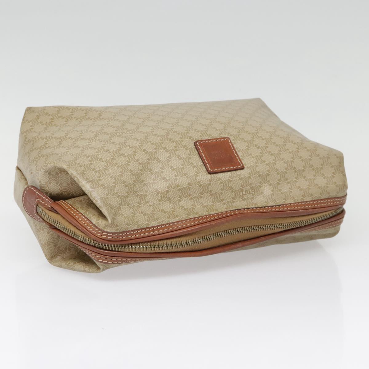 CELINE Macadam Canvas Pouch Beige Gold Auth 90594