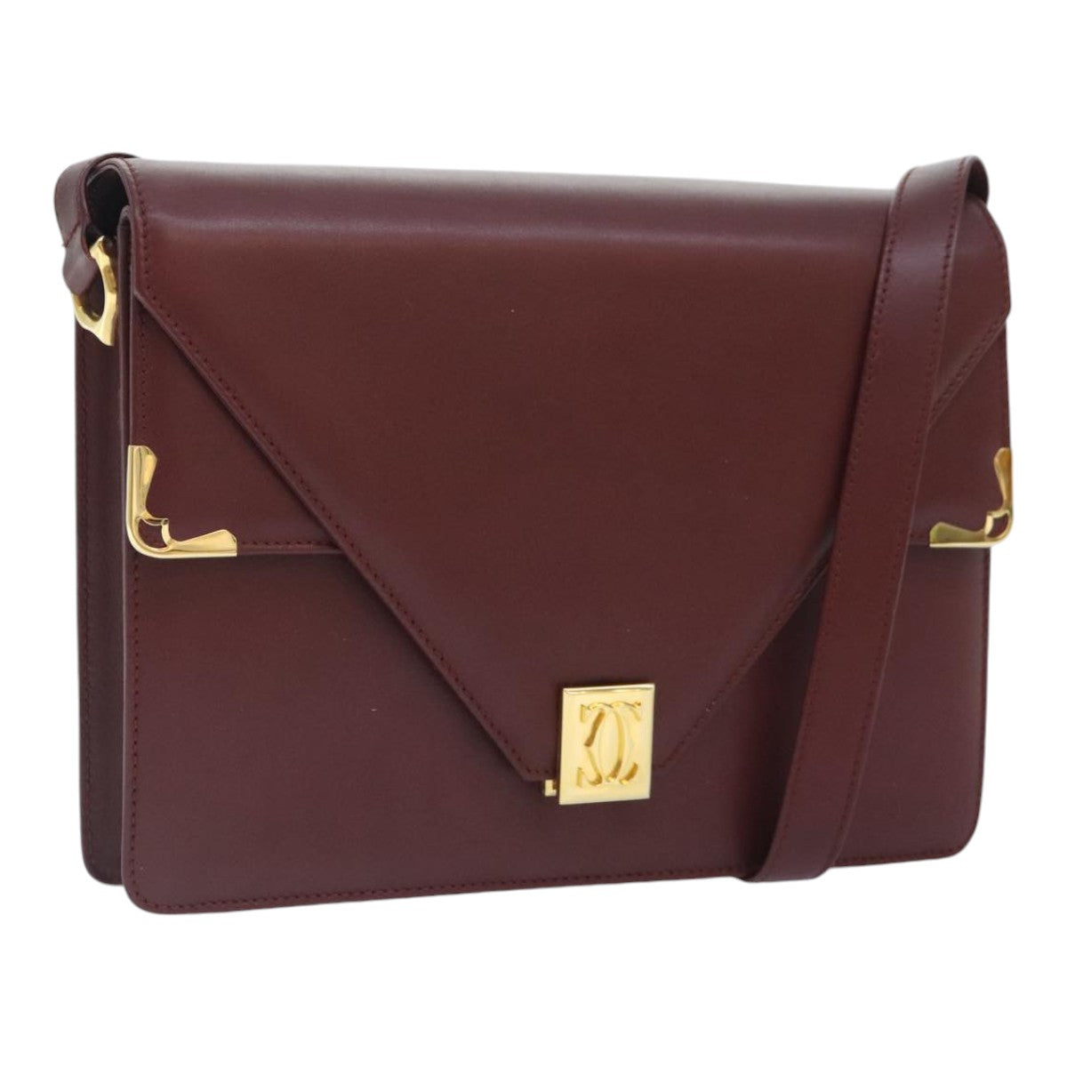 CARTIER Shoulder Bag Leather Bordeaux Gold Auth 90610