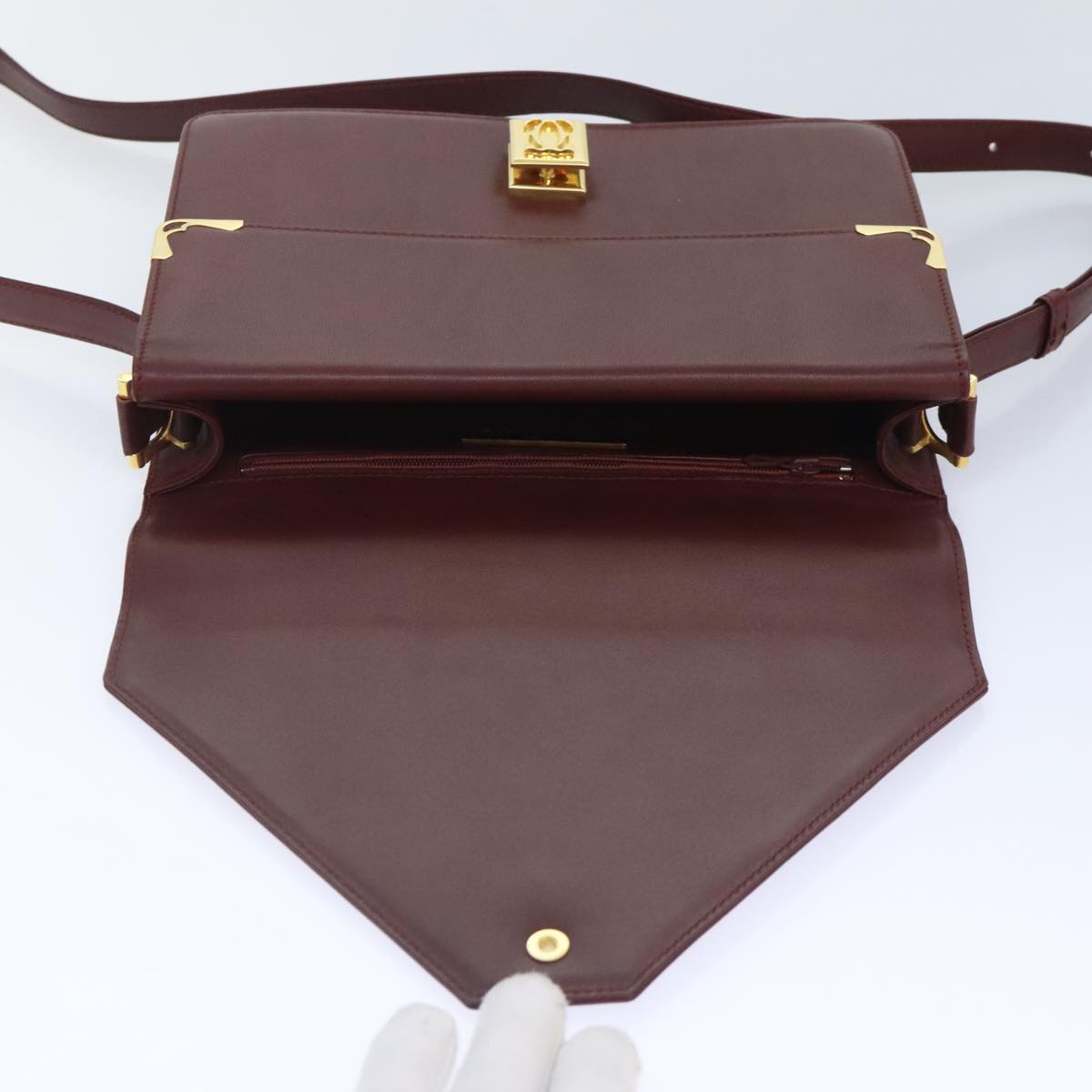 CARTIER Shoulder Bag Leather Bordeaux Gold Auth 90610