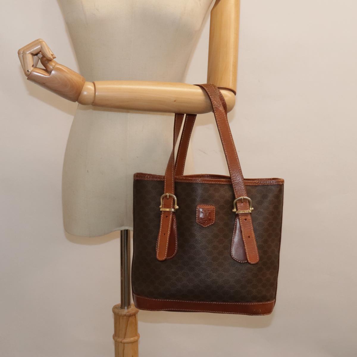 CELINE Macadam Canvas Hand Bag PVC Leather Brown Gold Auth 90612