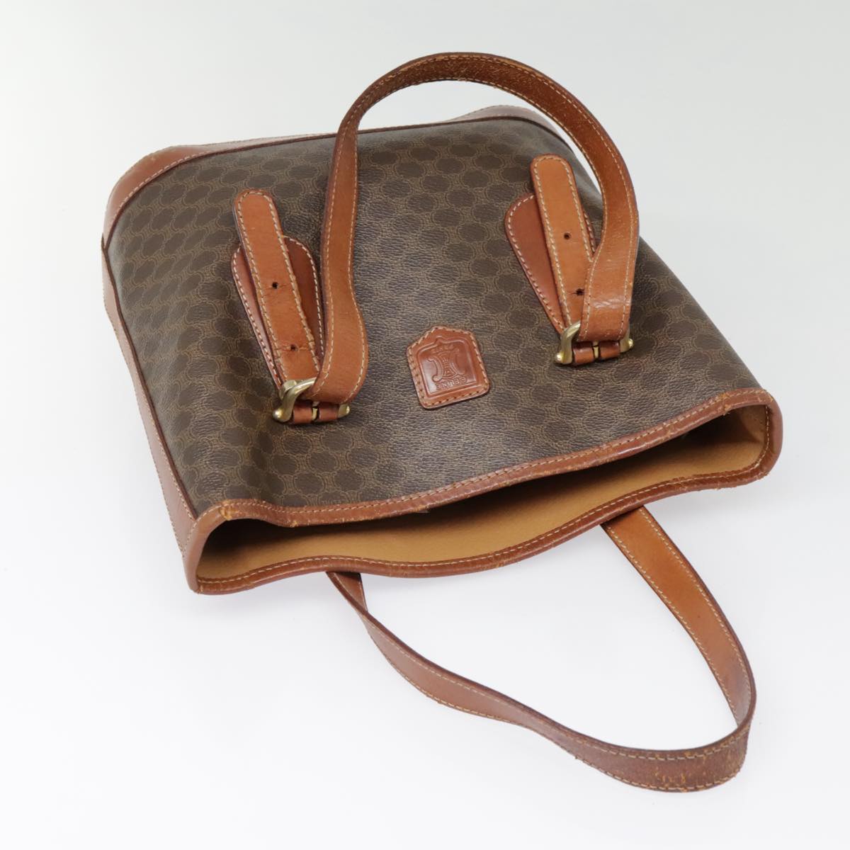 CELINE Macadam Canvas Hand Bag PVC Leather Brown Gold Auth 90612