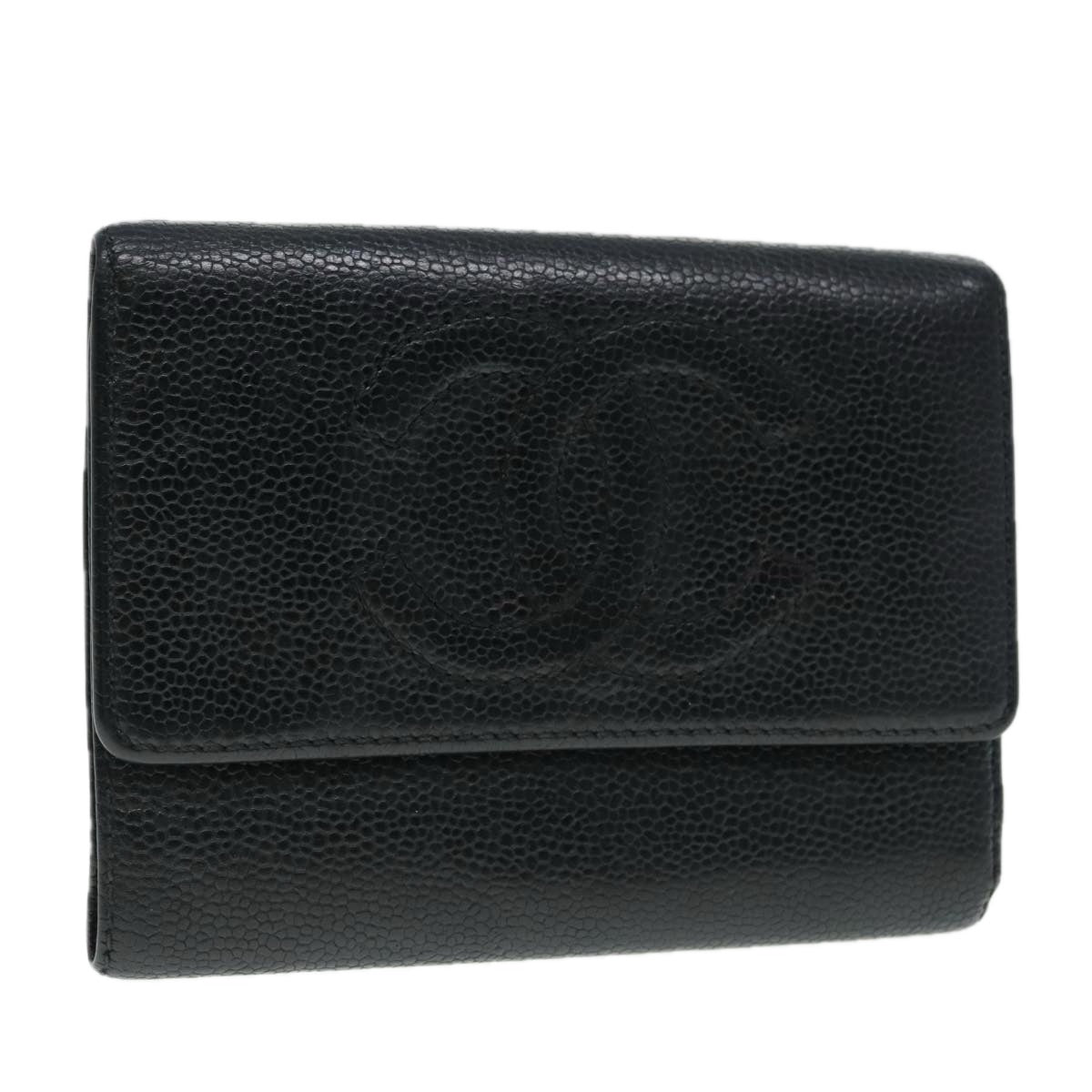 CHANEL COCO Mark Wallet Caviar Skin Black Gold CC Auth 90623