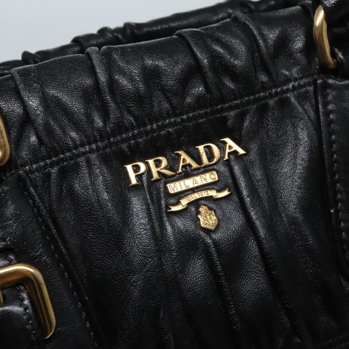 PRADA Gathered Hand Bag Leather Black Gold Auth 90639