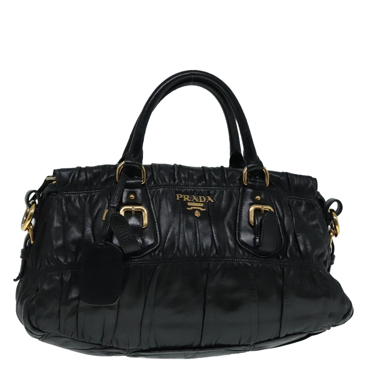 PRADA Gathered Hand Bag Leather Black Gold Auth 90639