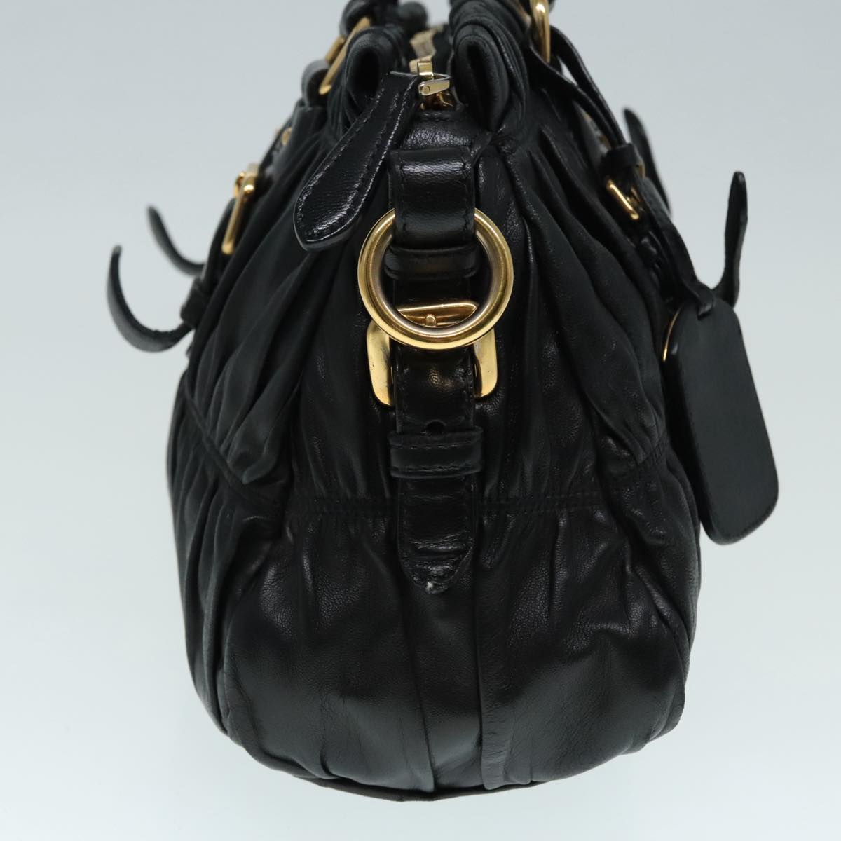 PRADA Gathered Hand Bag Leather Black Gold Auth 90639