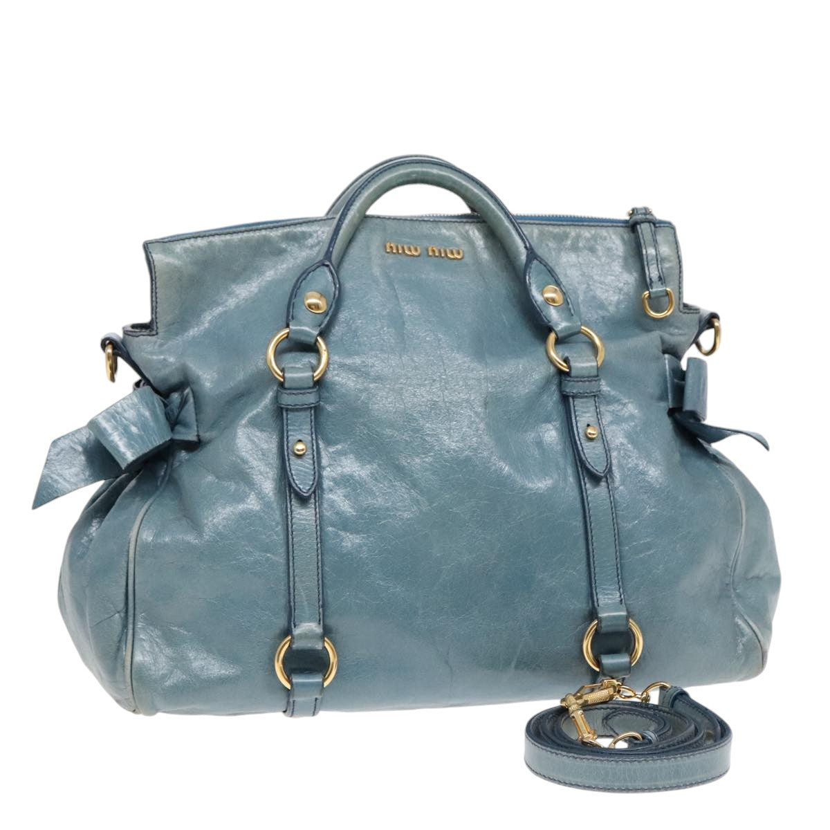 Miu Miu Hand Bag Leather 2way Blue Gold Auth 90660