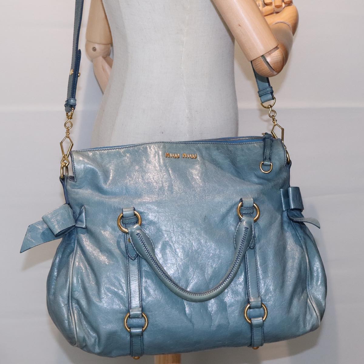 Miu Miu Hand Bag Leather 2way Blue Gold Auth 90660