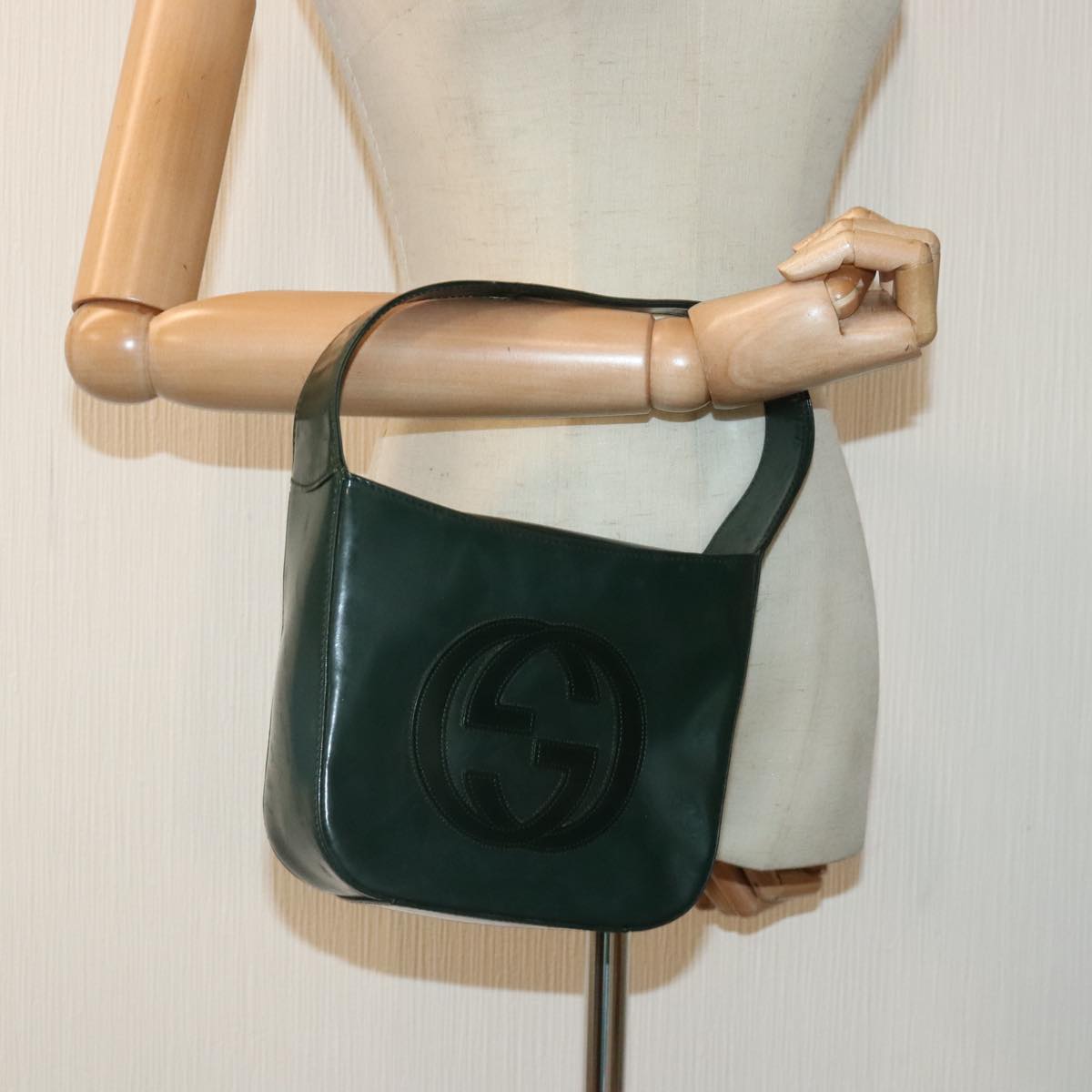 GUCCI Hand Bag Patent Leather Green Silver Auth 90679