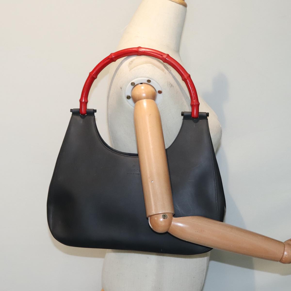 GUCCI Bamboo Hand Bag Leather Black Red Silver 001.3739 3444 Auth 90680