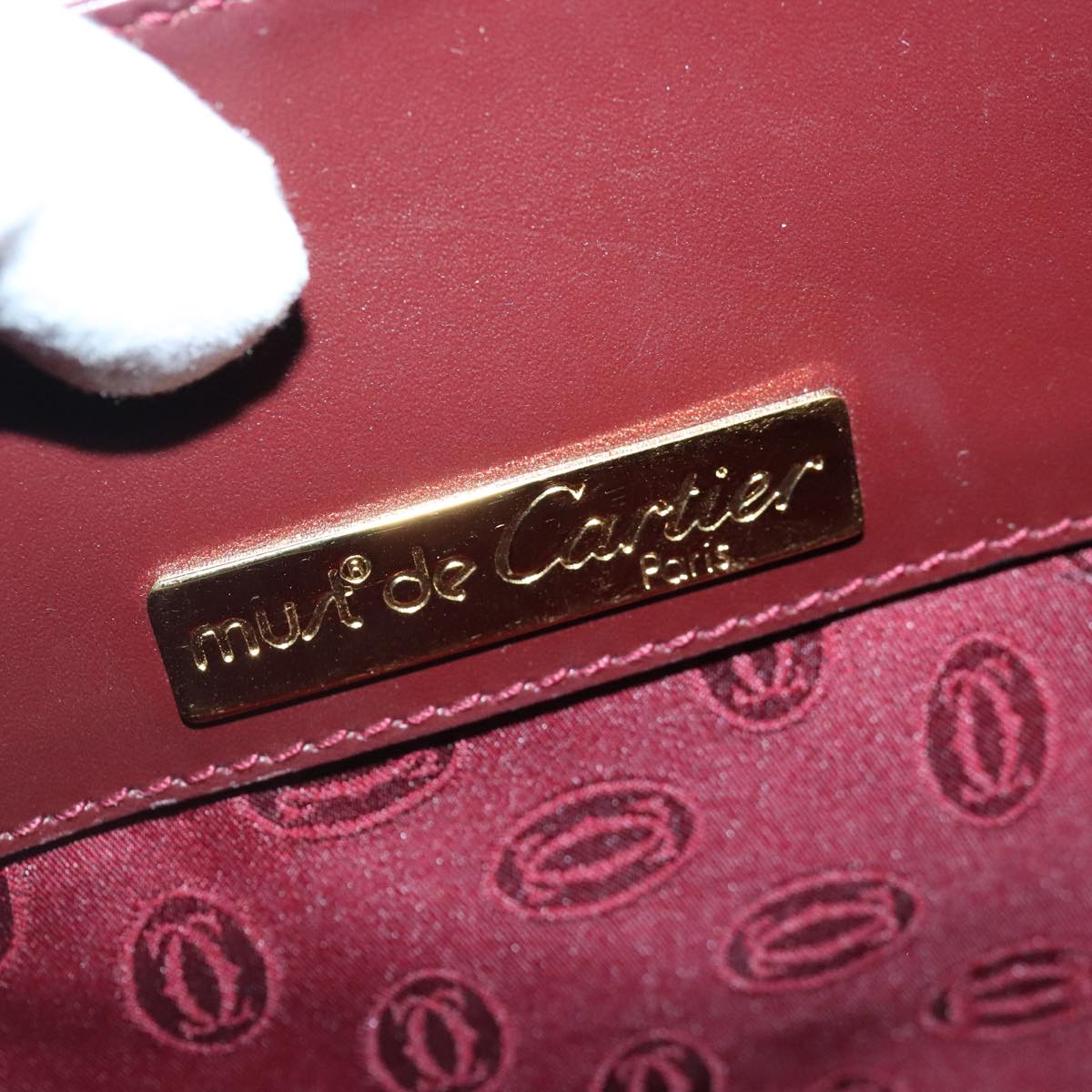 CARTIER Shoulder Bag Leather Bordeaux Gold Auth 90682