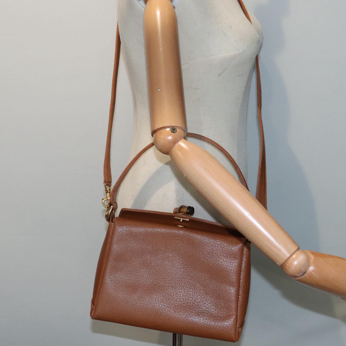 GUCCI Bamboo Hand Bag Leather 2way Brown Gold Auth 90691