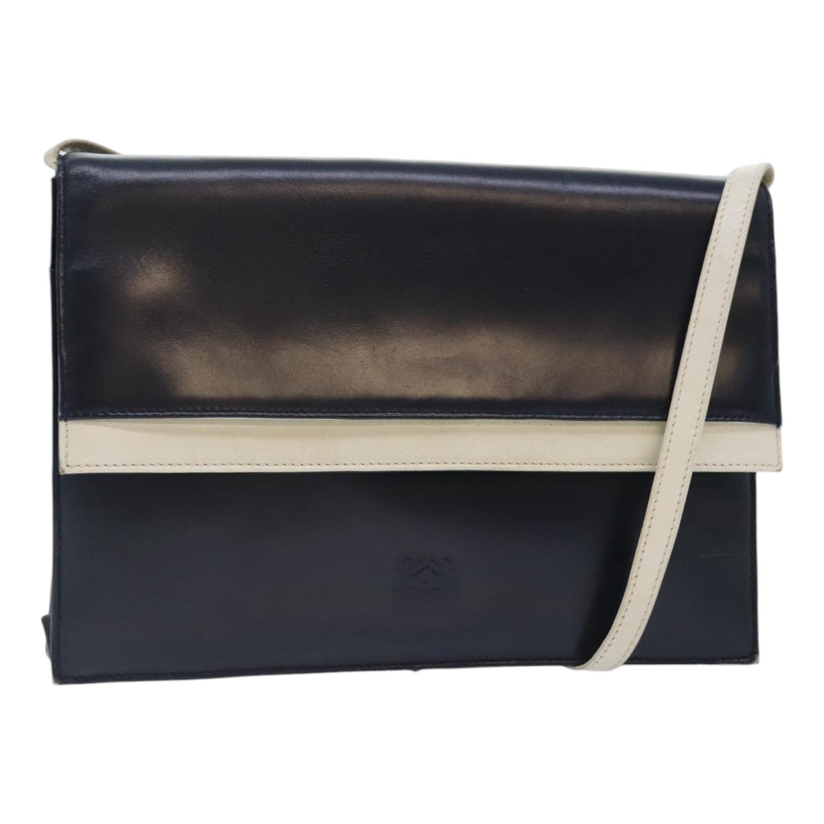 LOEWE Anagram Shoulder Bag Leather Navy Gold Auth 90703