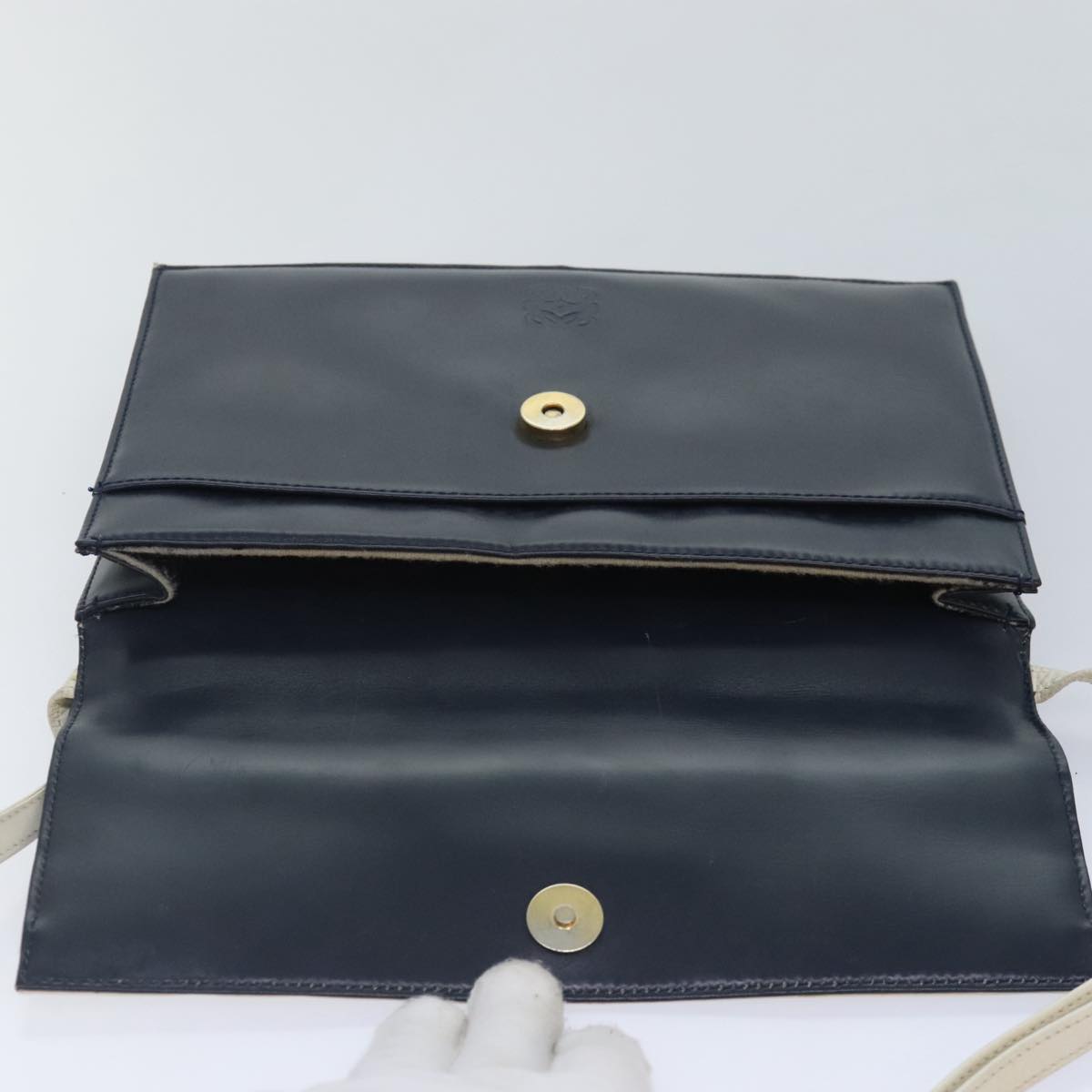 LOEWE Anagram Shoulder Bag Leather Navy Gold Auth 90703