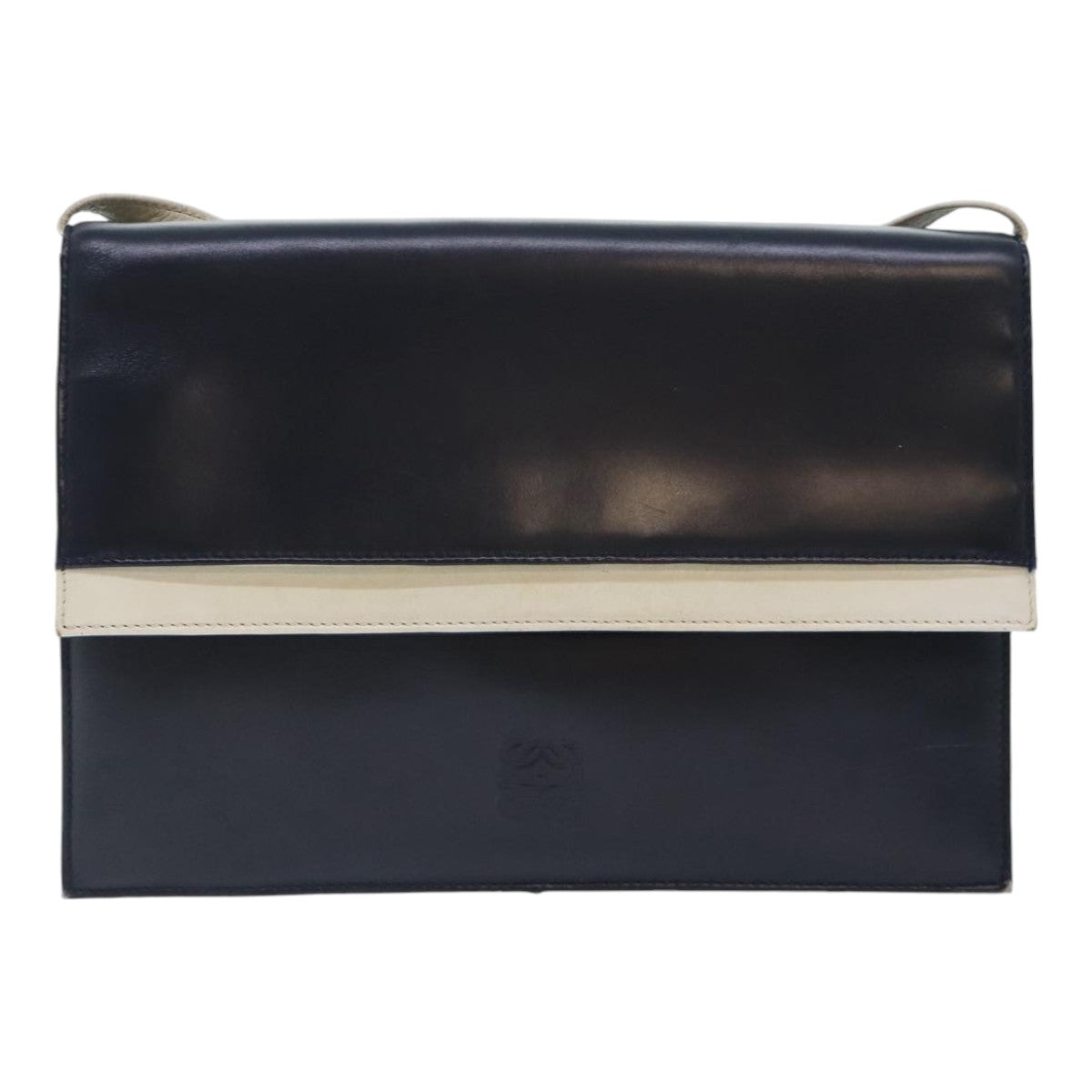 LOEWE Anagram Shoulder Bag Leather Navy Gold Auth 90703