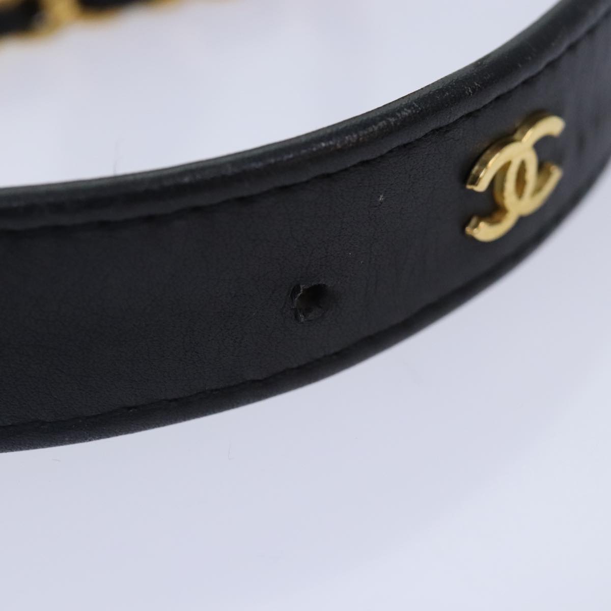 CHANEL COCO Mark Belt Leather Black Gold CC Auth 90713