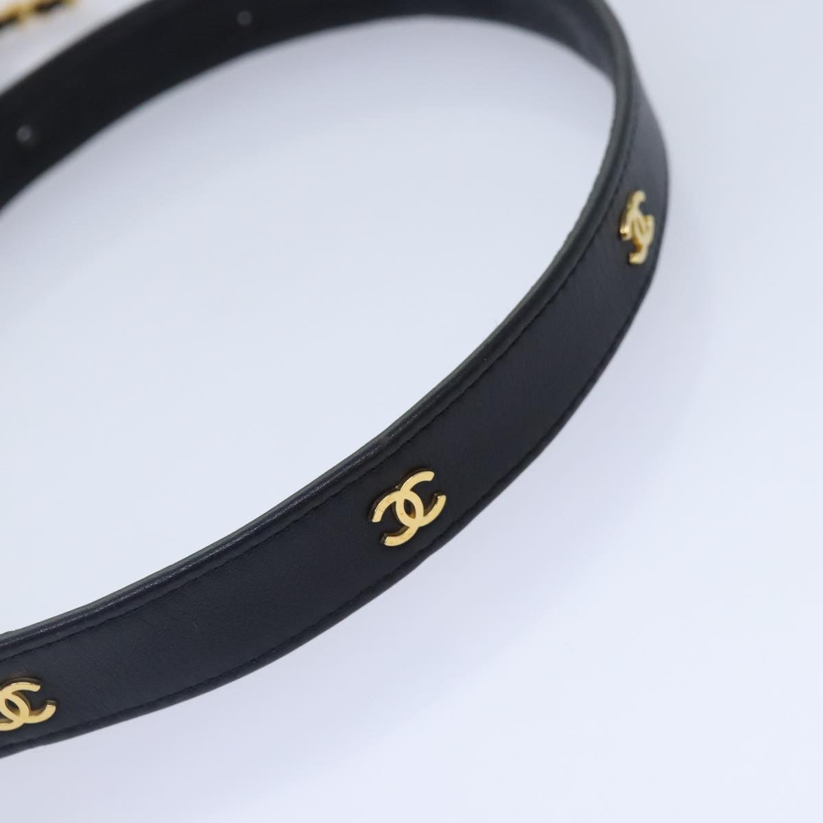 CHANEL COCO Mark Belt Leather Black Gold CC Auth 90713