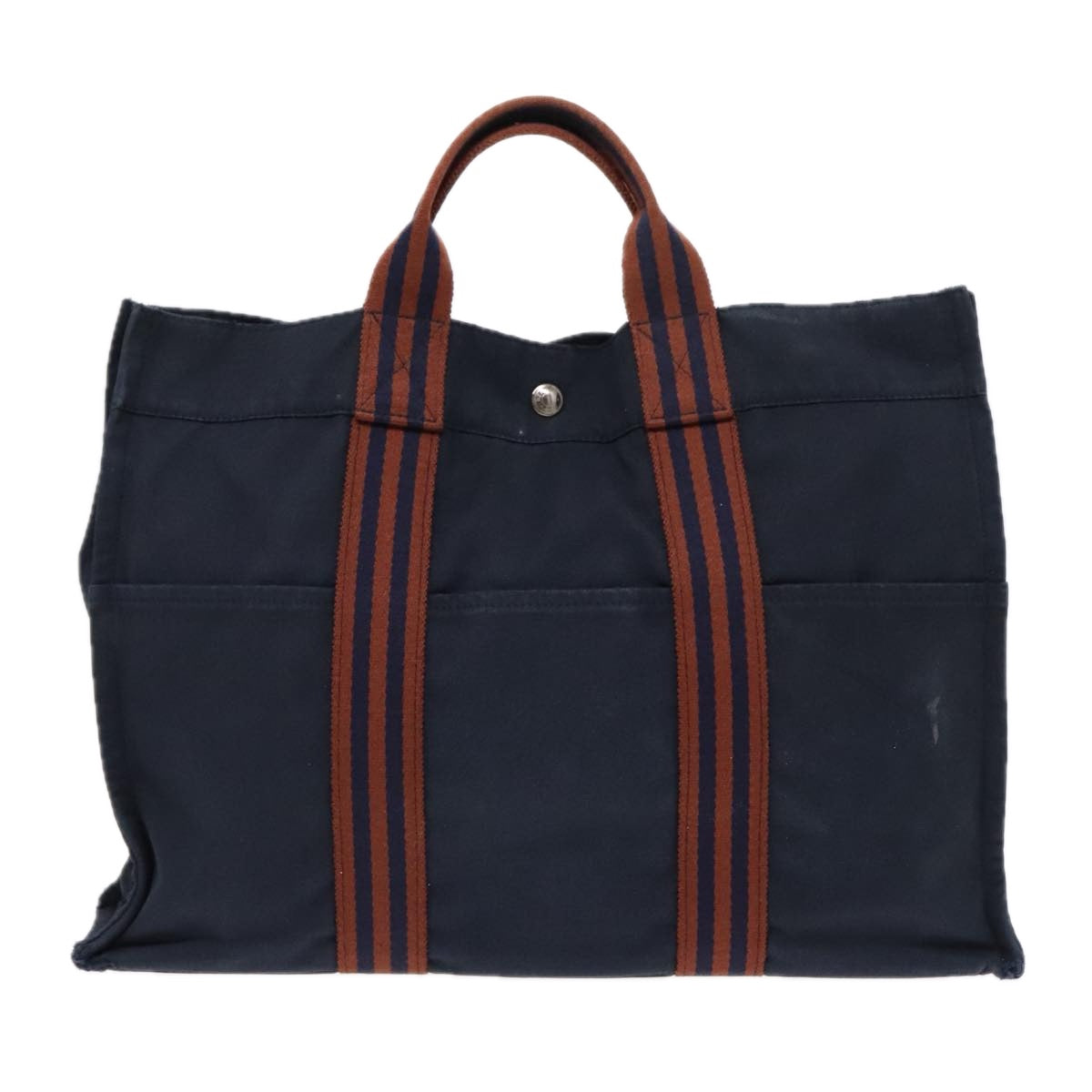 HERMES Fourre Tout MM Tote Bag Canvas Navy Brown Silver Auth 90727