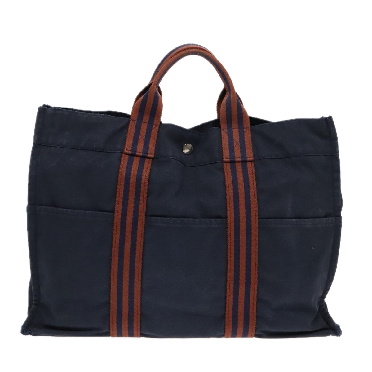 HERMES Fourre Tout MM Tote Bag Canvas Navy Brown Silver Auth 90727