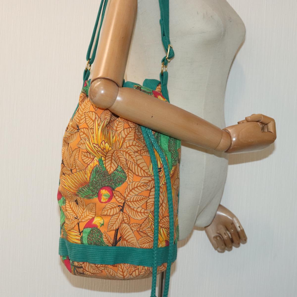 HERMES Bird Pattern Shoulder Bag Canvas Orange Green gold Auth 90728