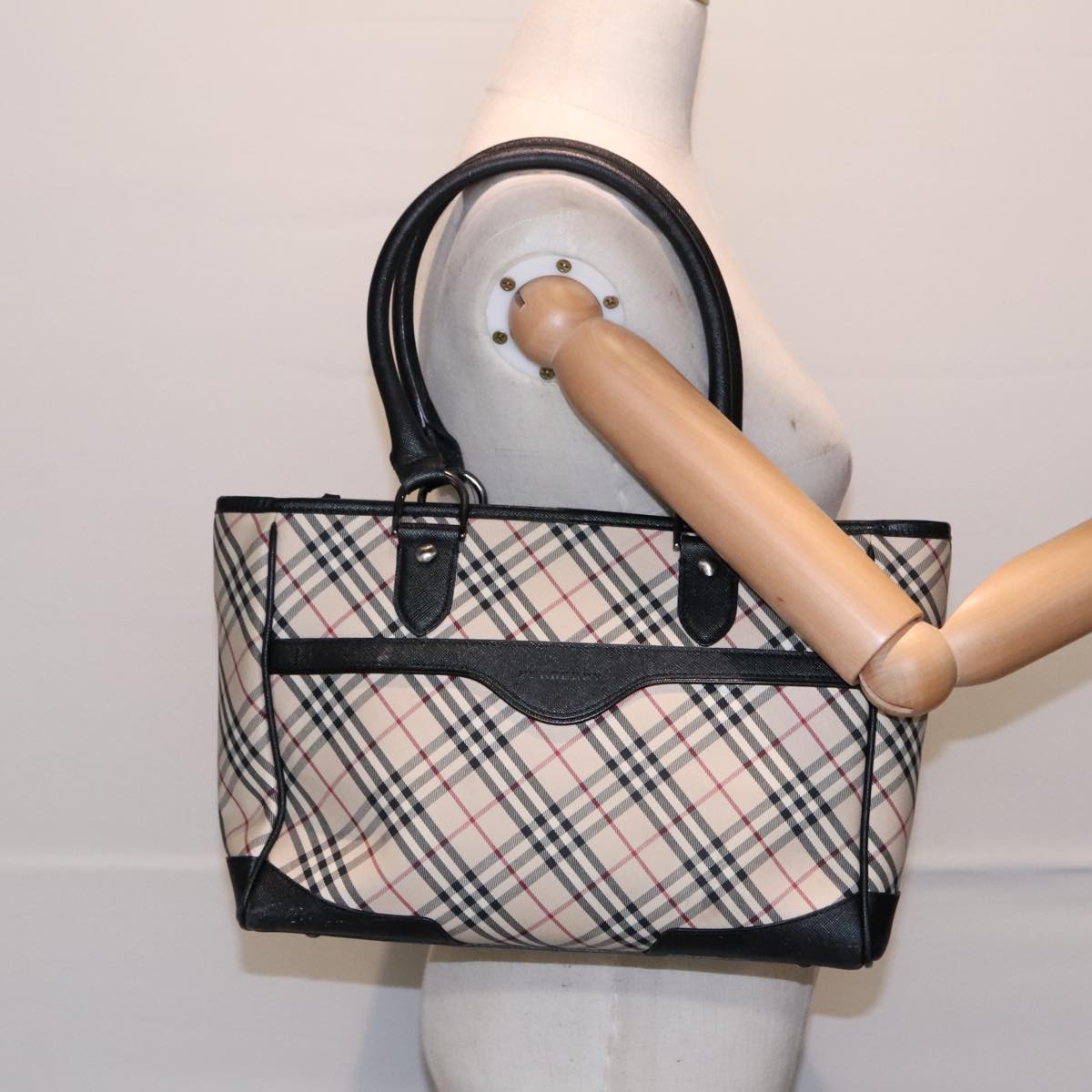 BURBERRY Nova Check Hand Bag Canvas Beige Black Auth 90729