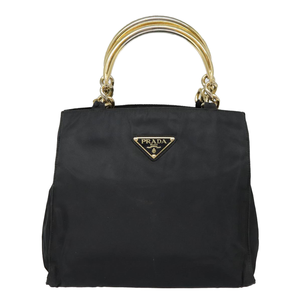 PRADA Hand Bag Nylon Black Gold Auth 90752