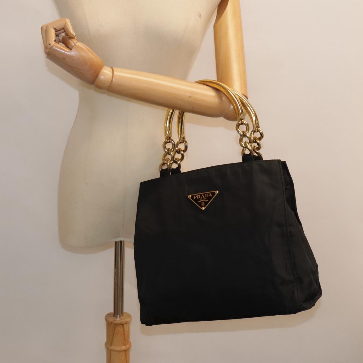 PRADA Hand Bag Nylon Black Gold Auth 90752