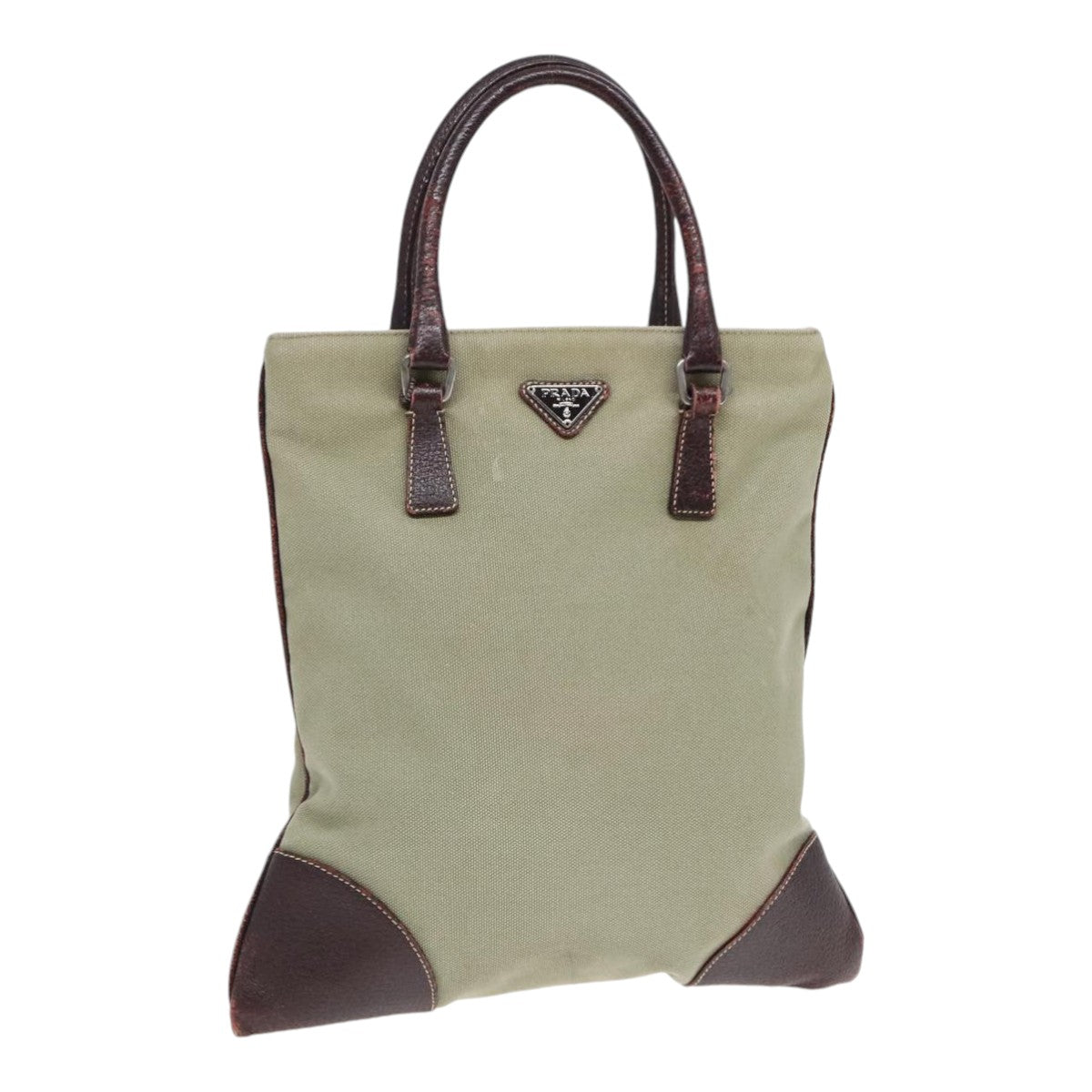 PRADA Hand Bag Canvas Khaki Silver Auth 90754