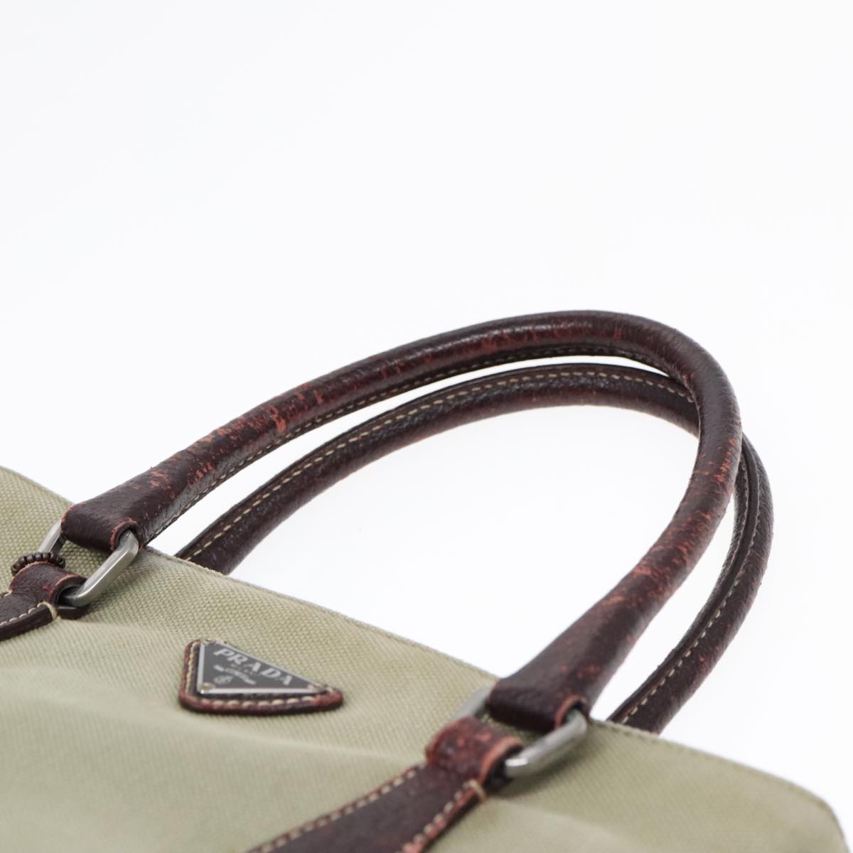 PRADA Hand Bag Canvas Khaki Silver Auth 90754