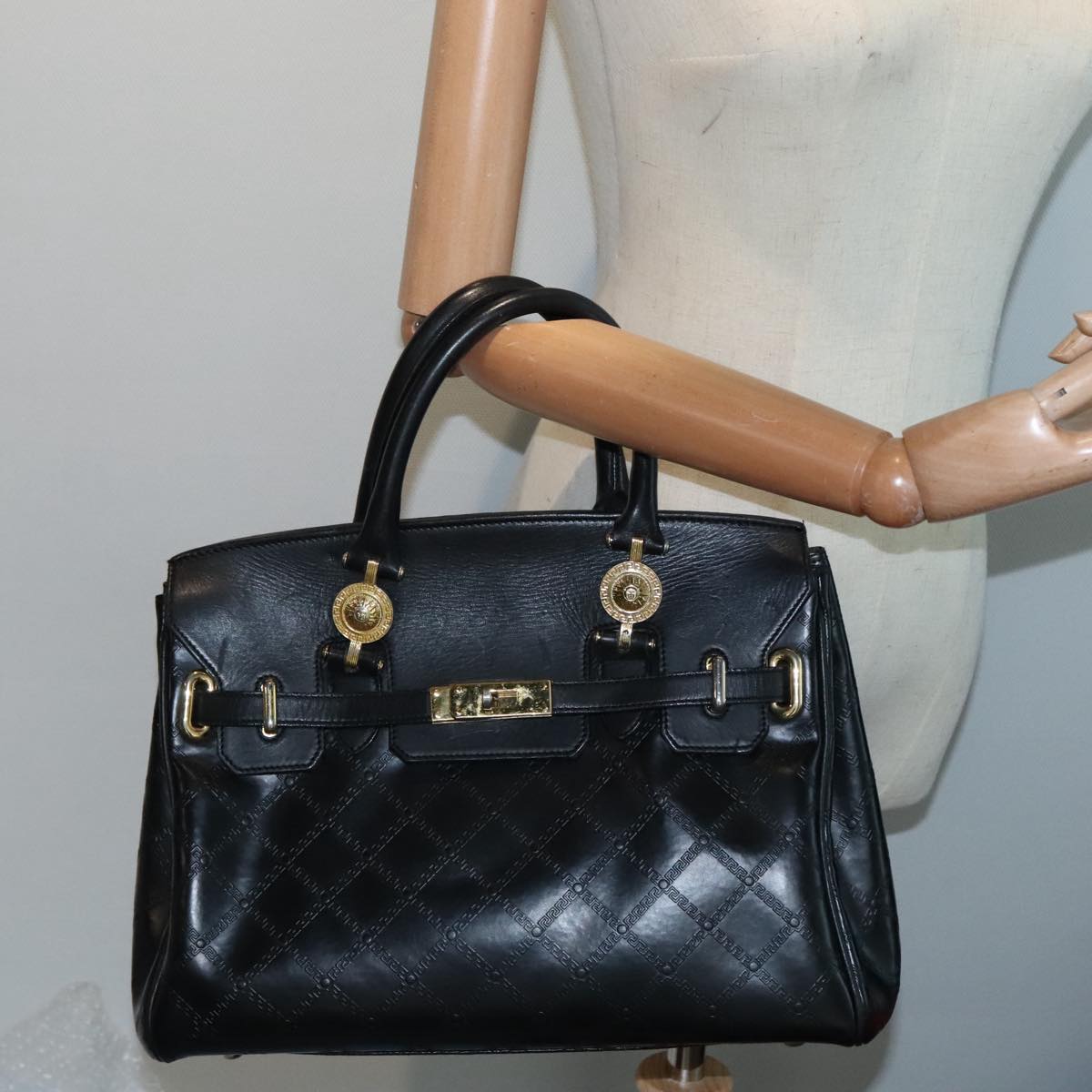 VERSACE Hand Bag Leather Black Auth 90763