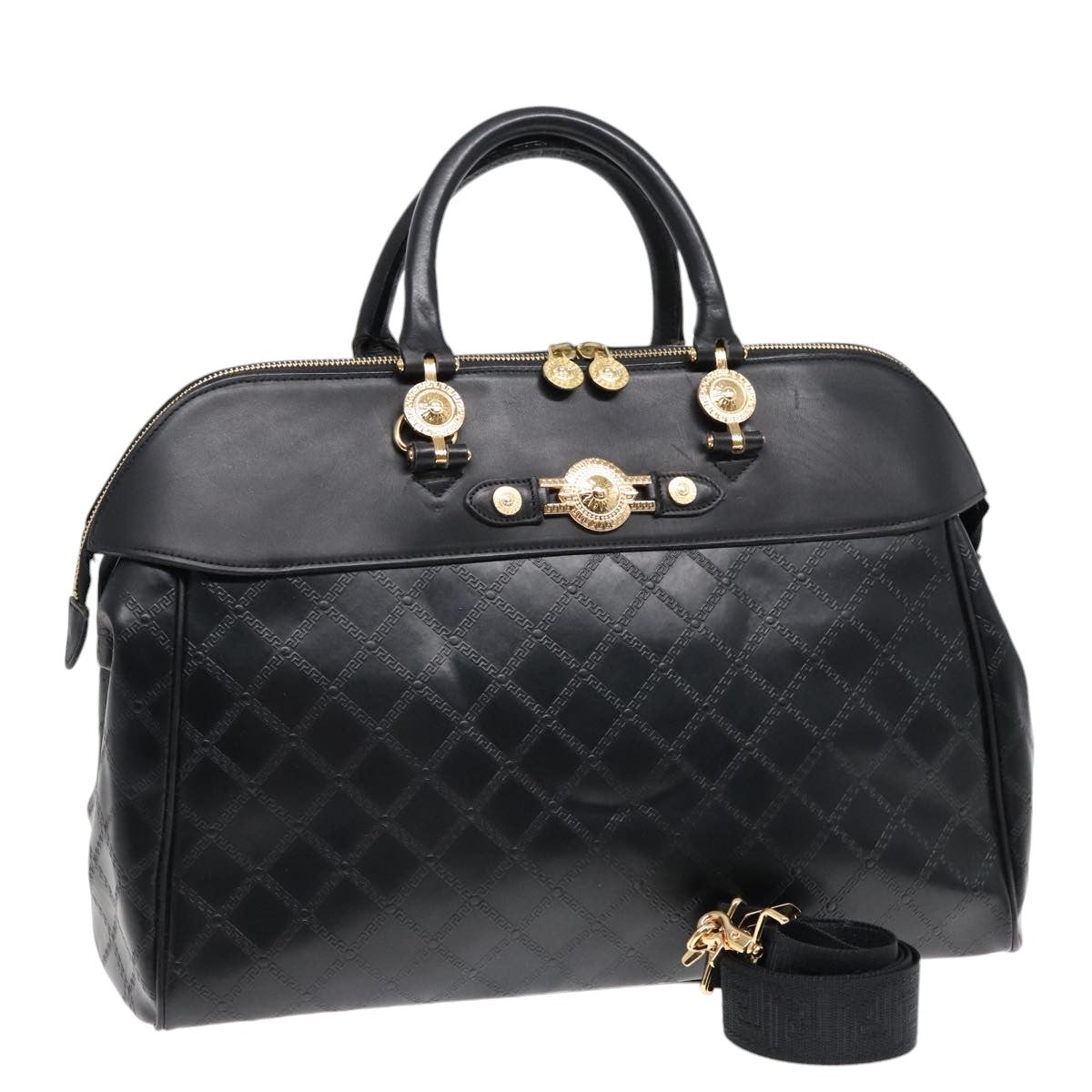 VERSACE Hand Bag Leather 2way Black Auth 90778