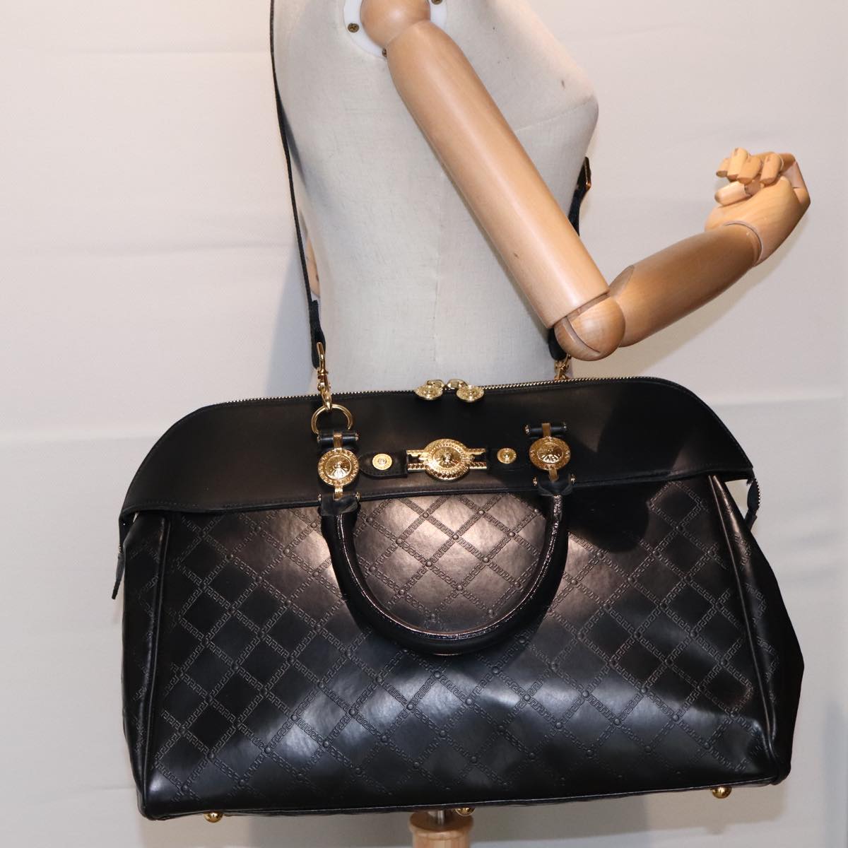 VERSACE Hand Bag Leather 2way Black Auth 90778