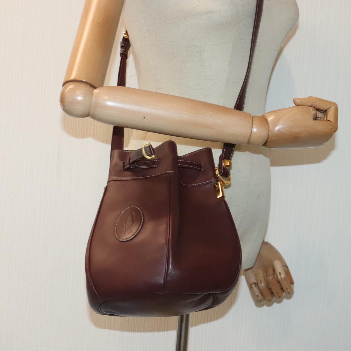 CARTIER Shoulder Bag Leather Bordeaux Auth 90783