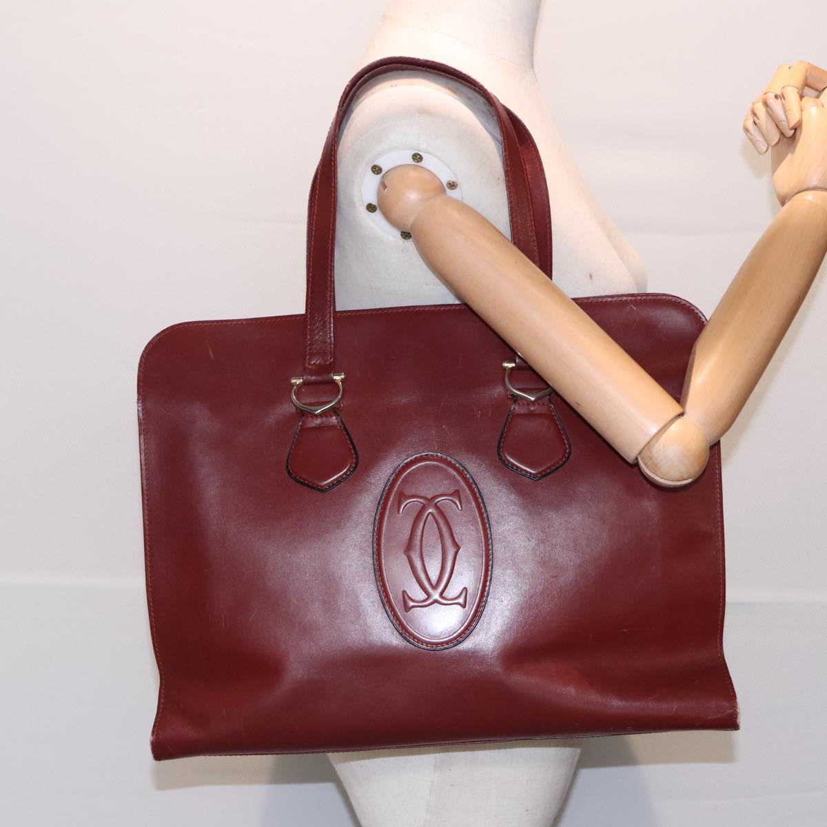 CARTIER Tote Bag Leather Bordeaux Auth 90789