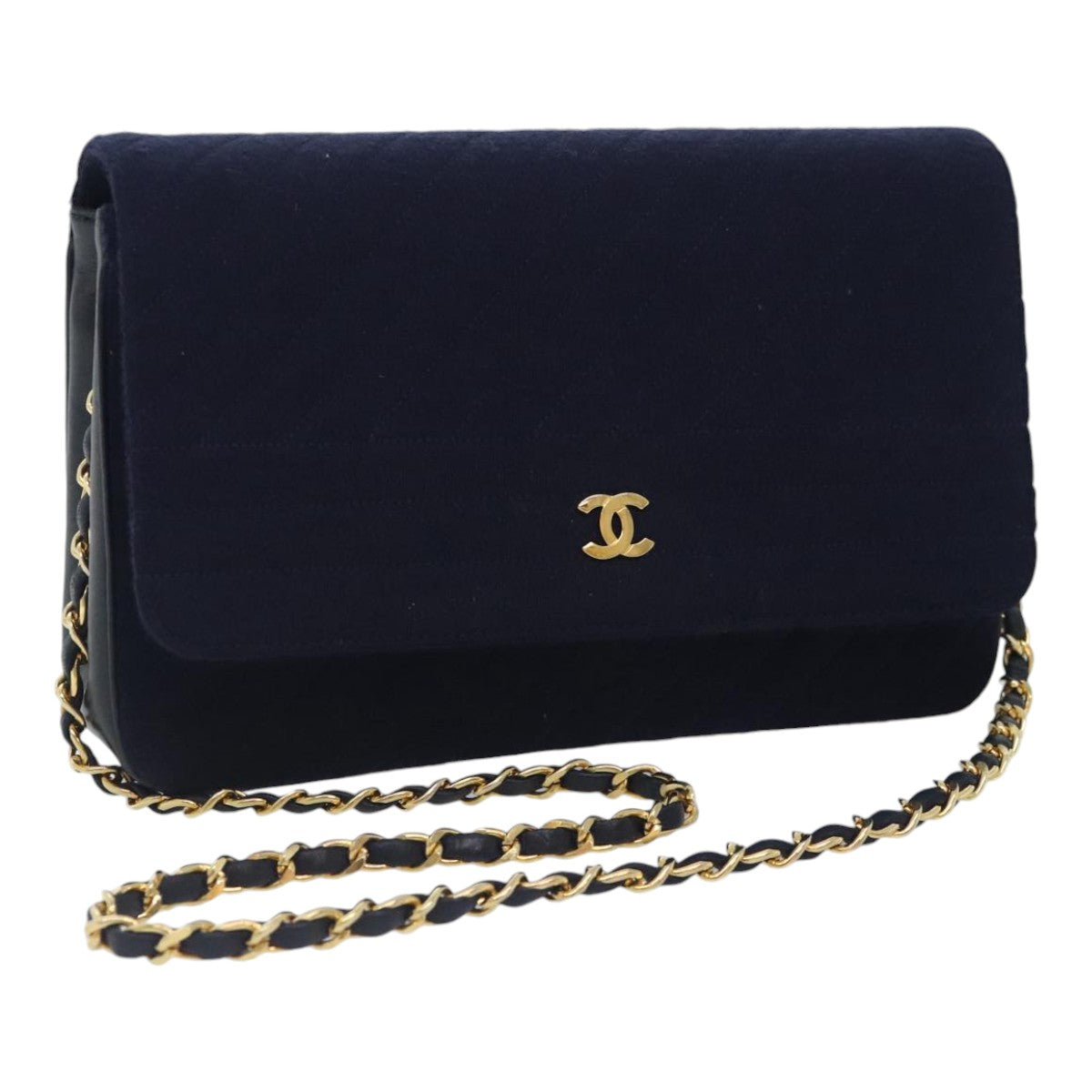 CHANEL Mademoiselle Chain Shoulder Bag cotton Navy CC Auth 90800