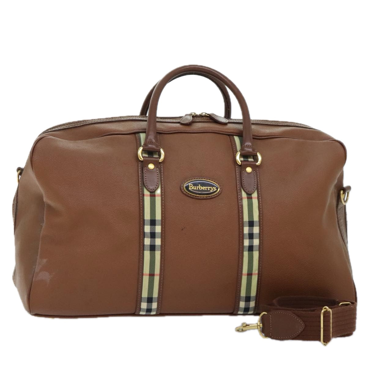 Burberrys Nova Check Boston Bag PVC 2way Brown Beige Auth 90809