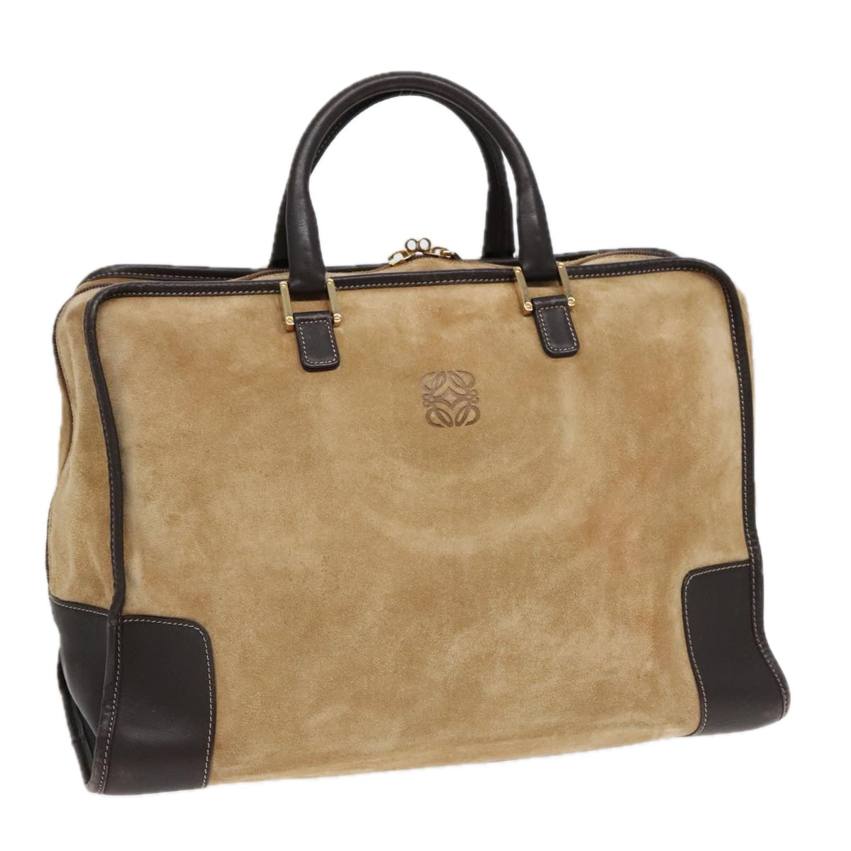 LOEWE Anagram Hand Bag Suede Leather Beige Brown gold Auth 90857